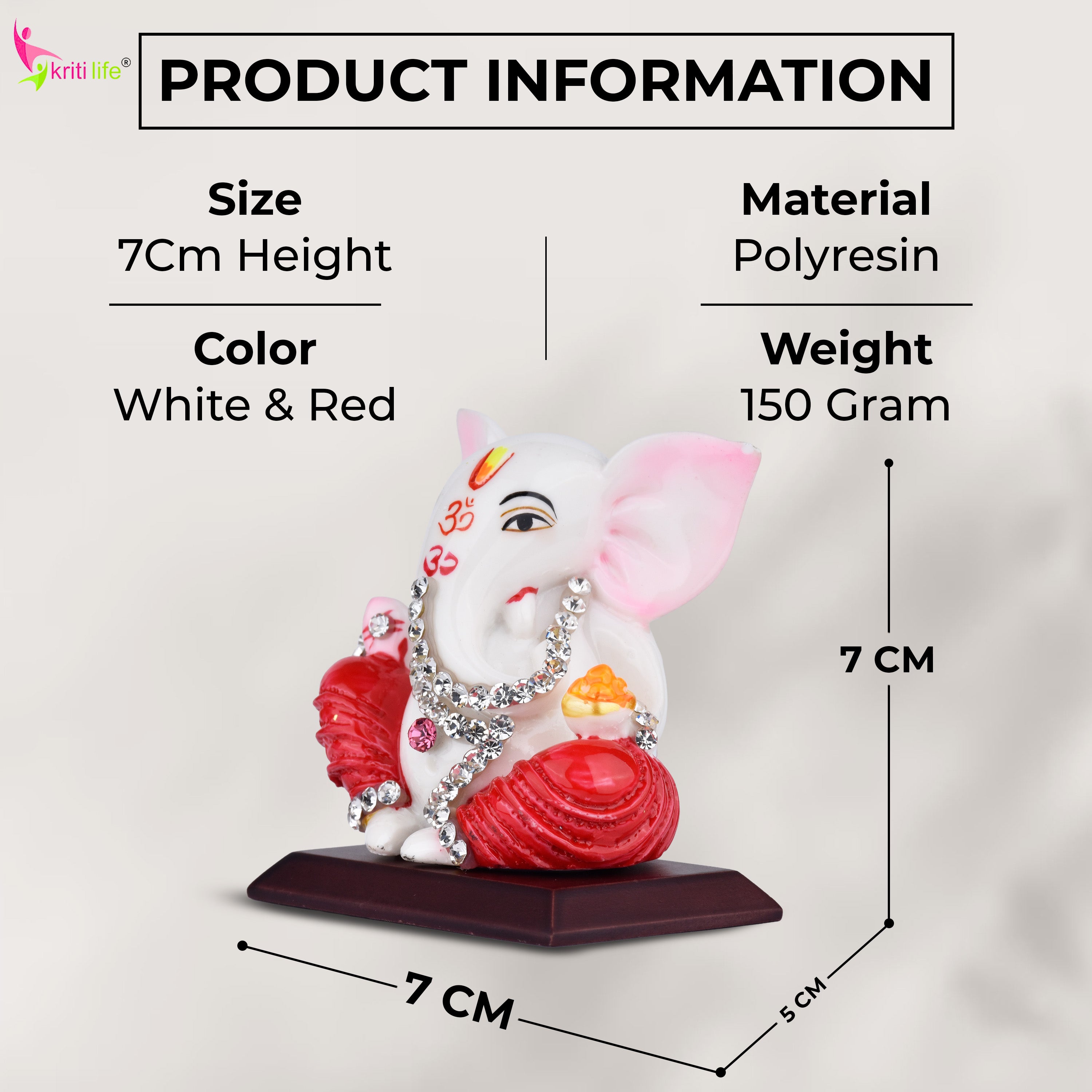 Lord Ganesha Idol with Red Attire & Diamond Embellishments – Polyresin Murti for Home, Car, and Gift | 2.5 inches