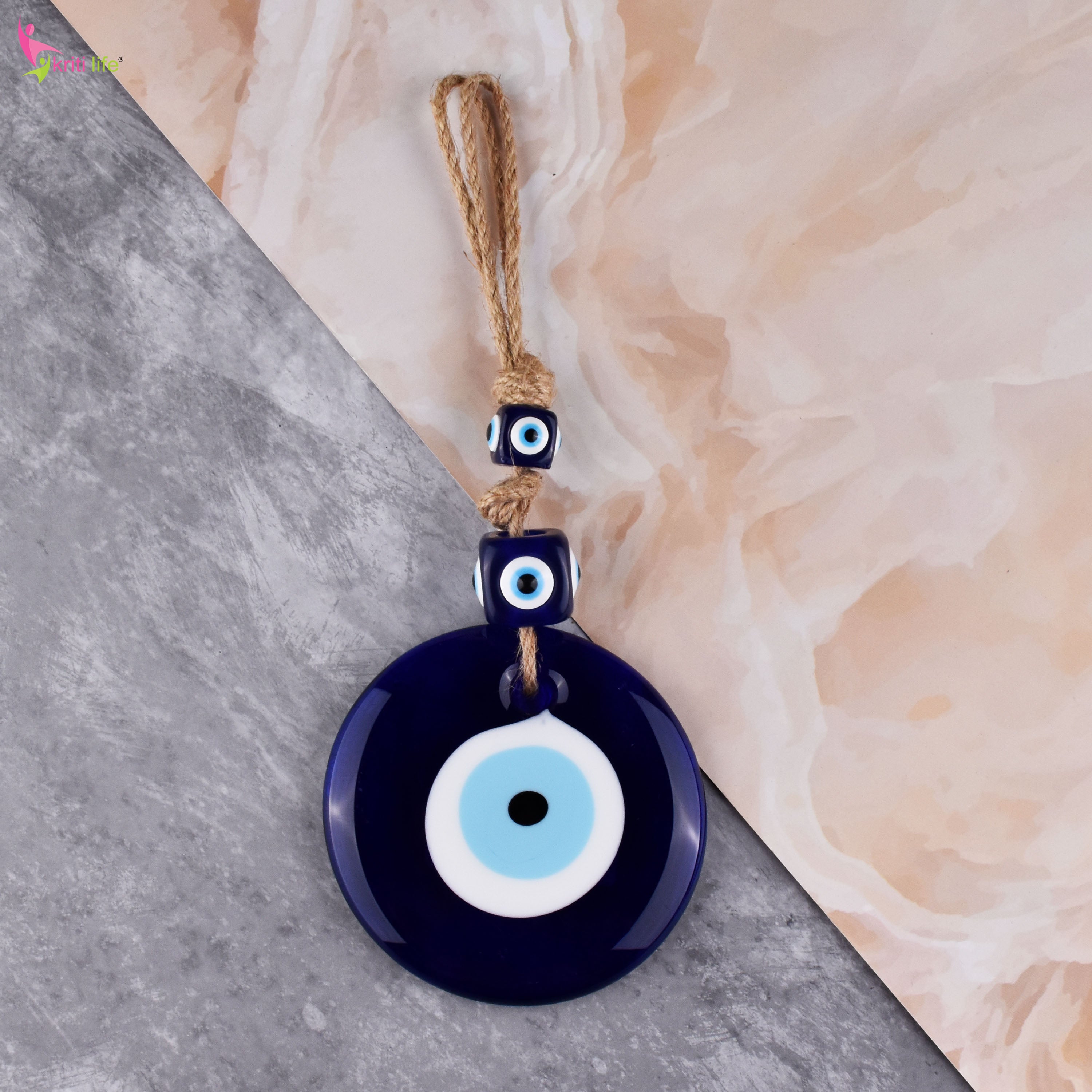 Hanging Evil Eye Protection Charm with Blue Glass Beads & Jute Rope – 26 cm Hight