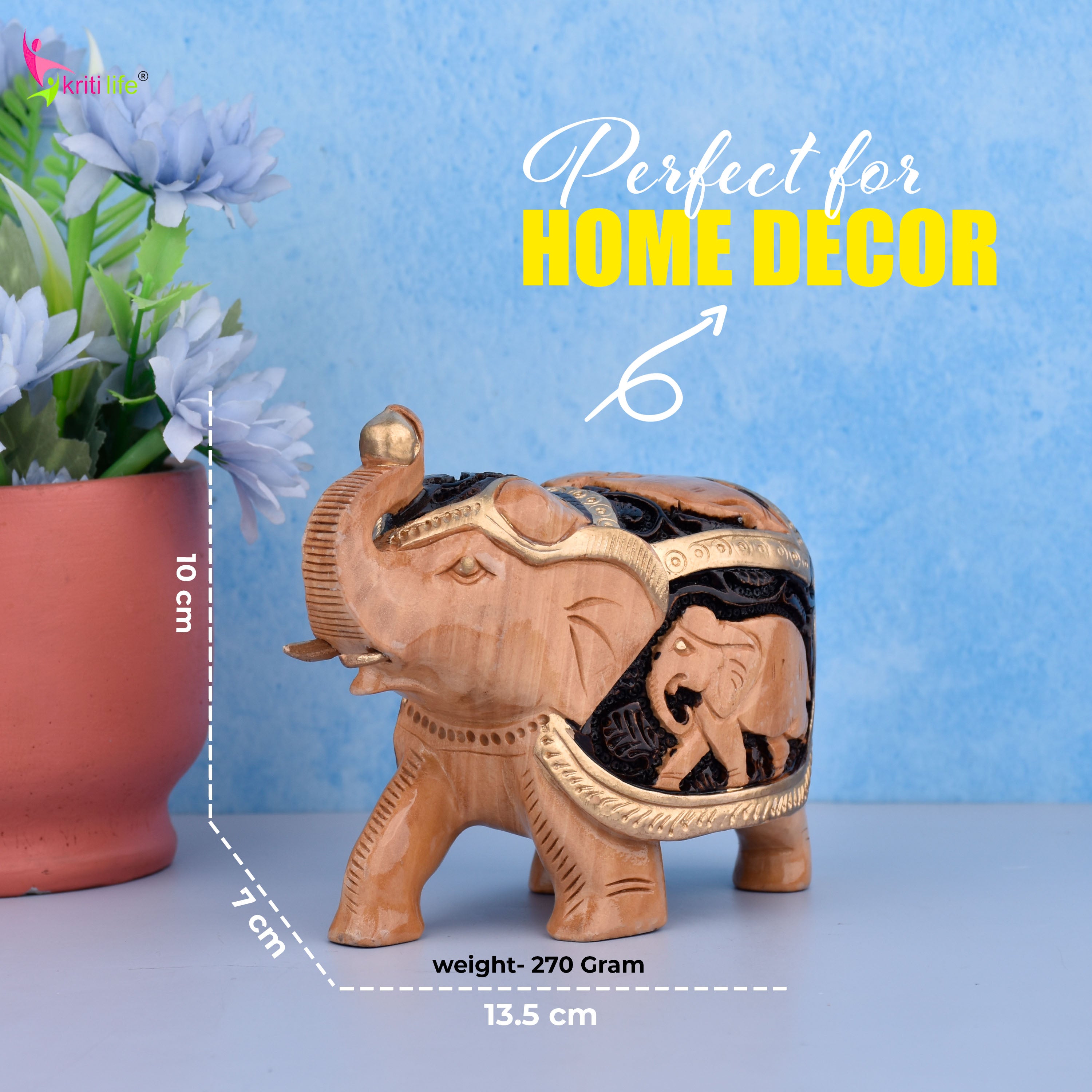 Handcrafted Wooden Elephant with Baby Elephant Carving | Natural Finish Decor-5 inches