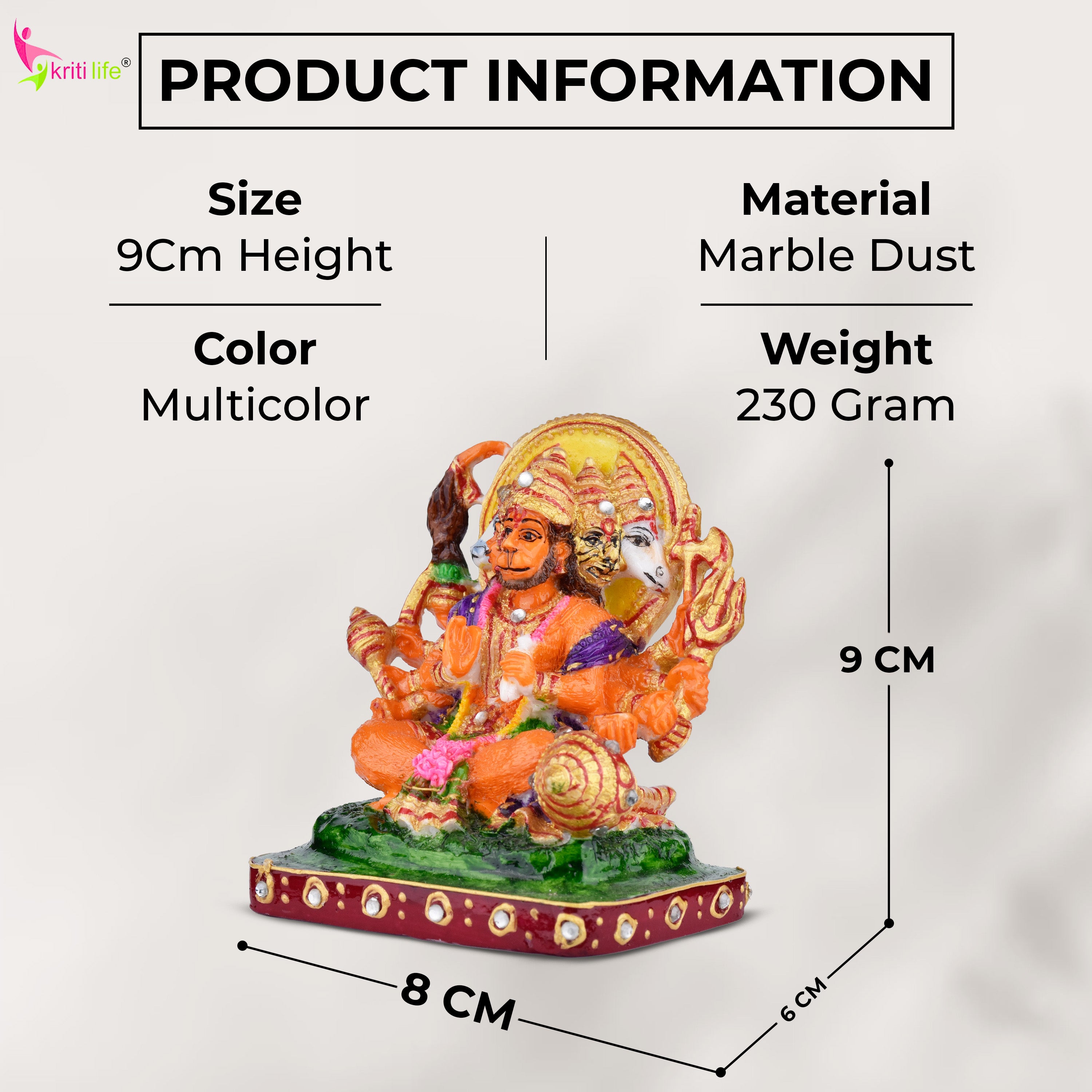 Panchamukhi Hanuman Idol | 3.5 inches | Multicolor Marble Dust Statue for Home & Temple