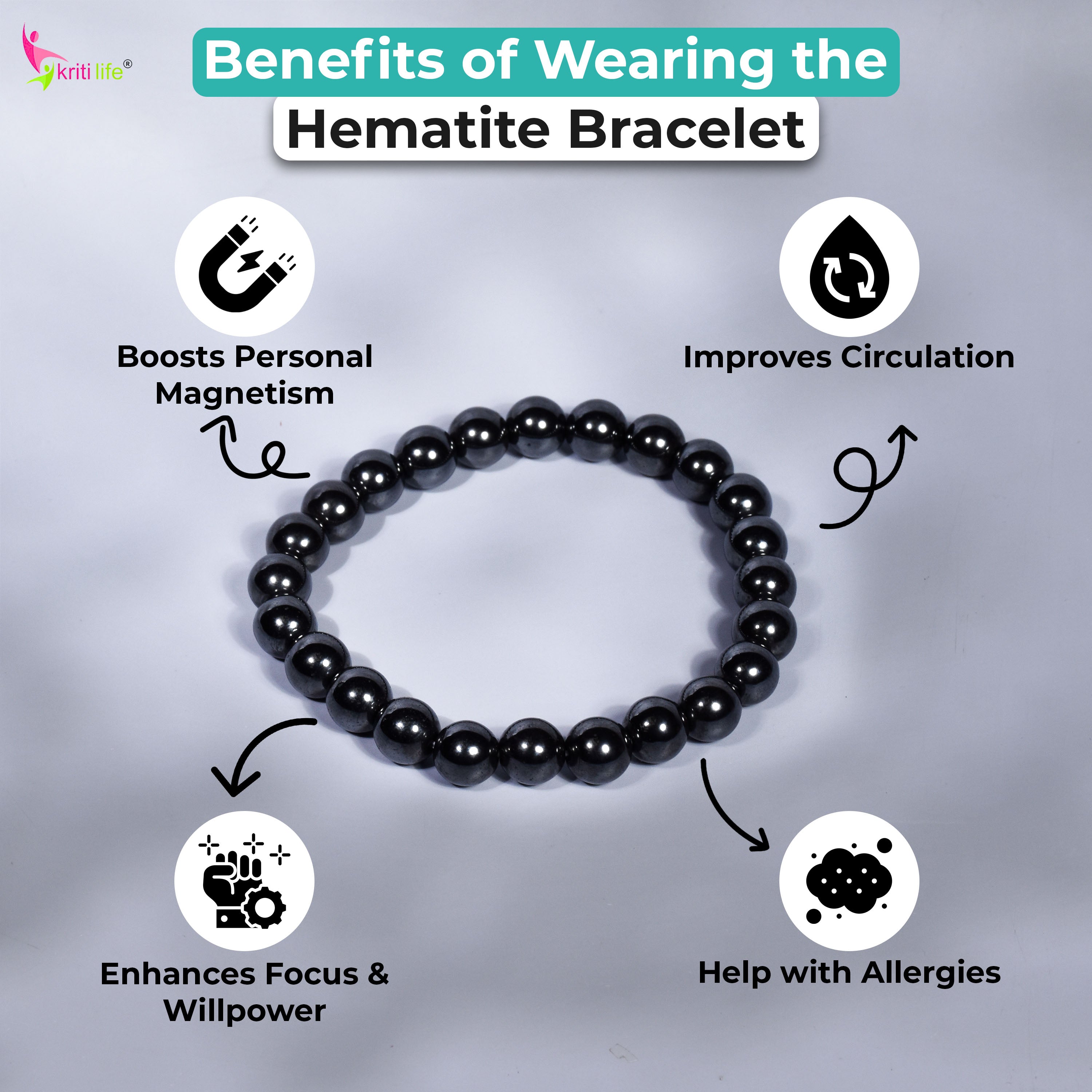 Premium Hematite Stone Bracelet – Boost Energy, Focus & Protection - 8mm