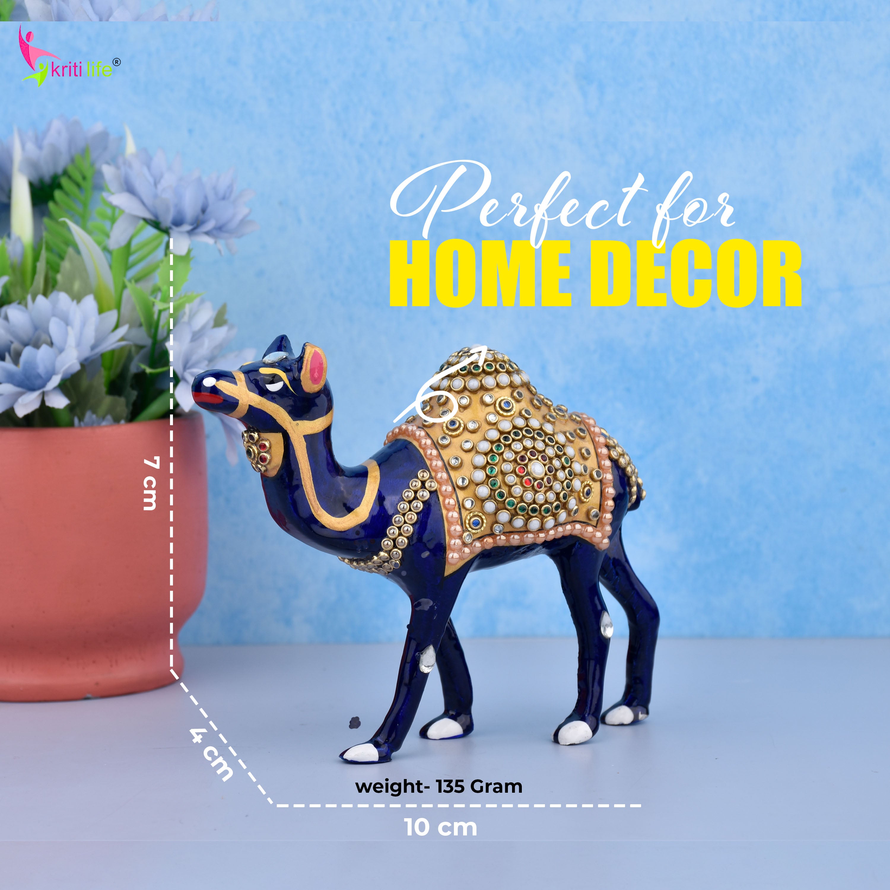 Camel Showpiece | Aluminium Decor with Enamel & Stones - 6 inches