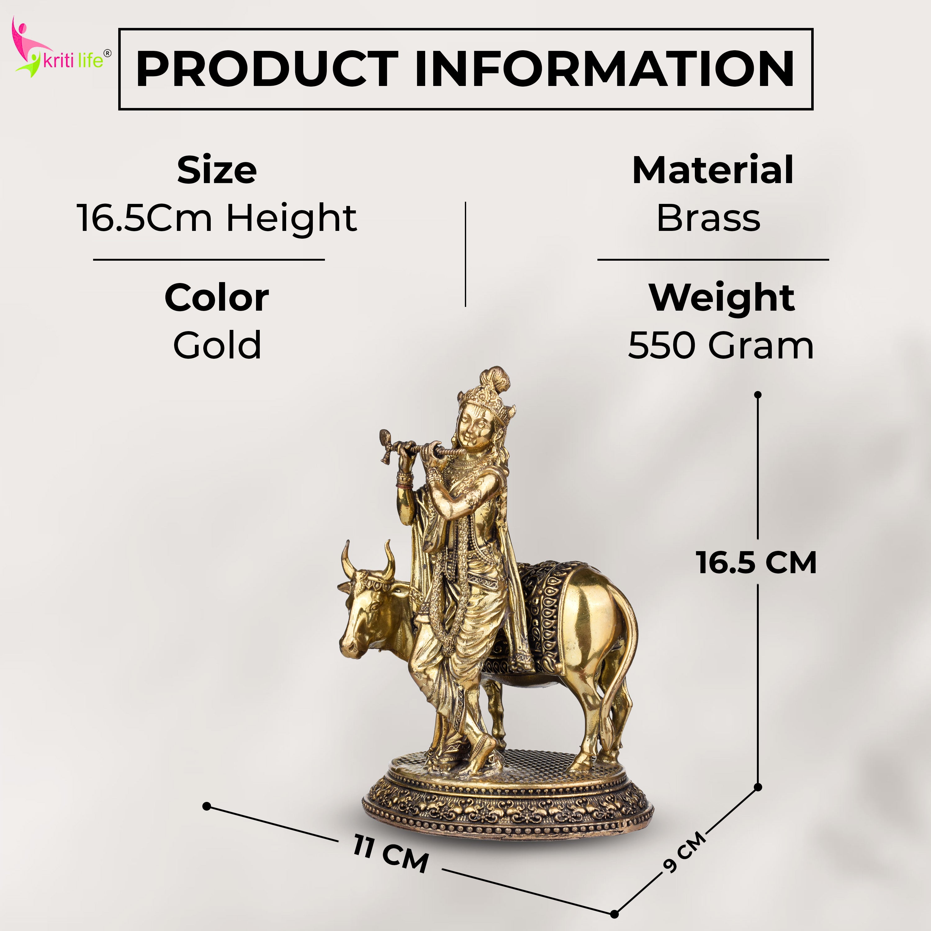 Brass Krishna with Cow Idol – Divine Spiritual Figurine 6.5 inches for Home & Office Décor