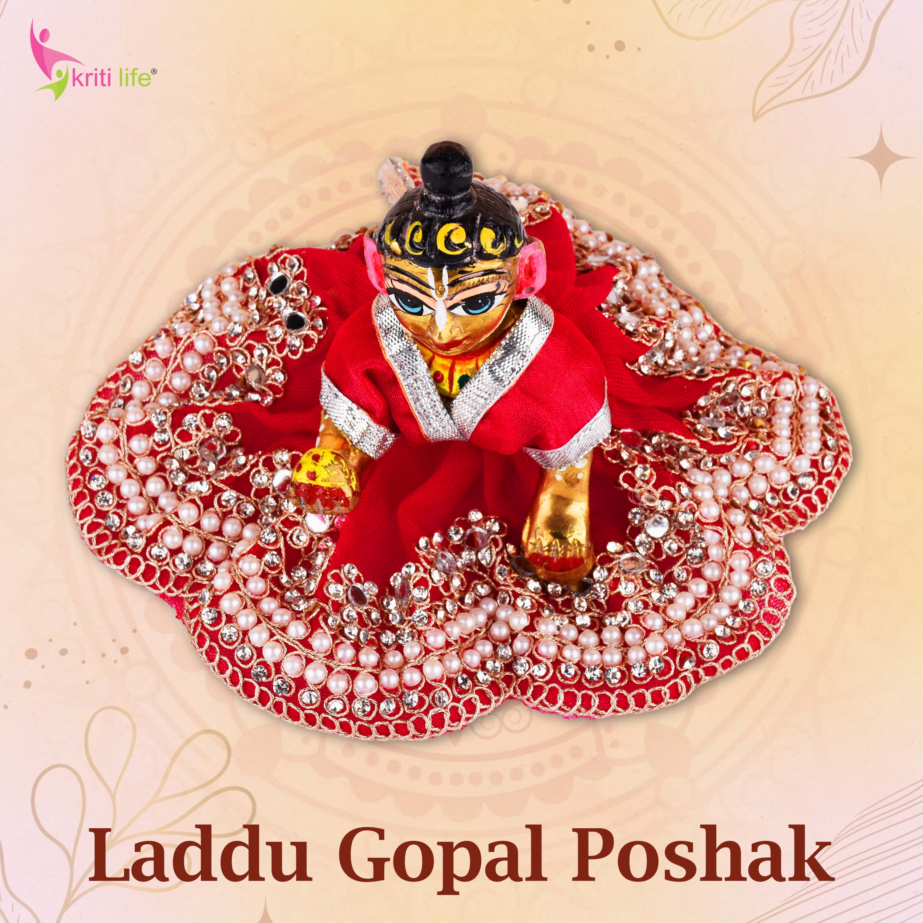 Royal Red Laddu Gopal Dress for 4 Inch Idol – Pearl & Stone Work Designer Poshak