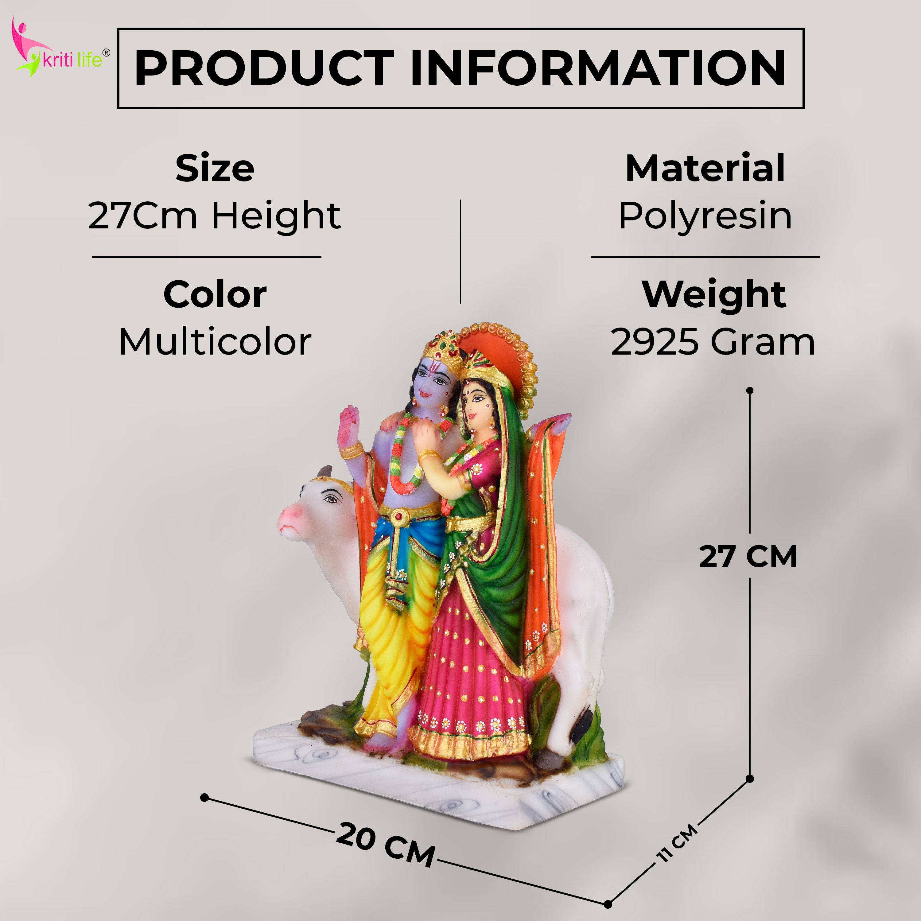 Radha Krishna with Cow Polyresin Idol | 10.5 inches | – Handcrafted Decorative Statue for Home Mandir & Gifting