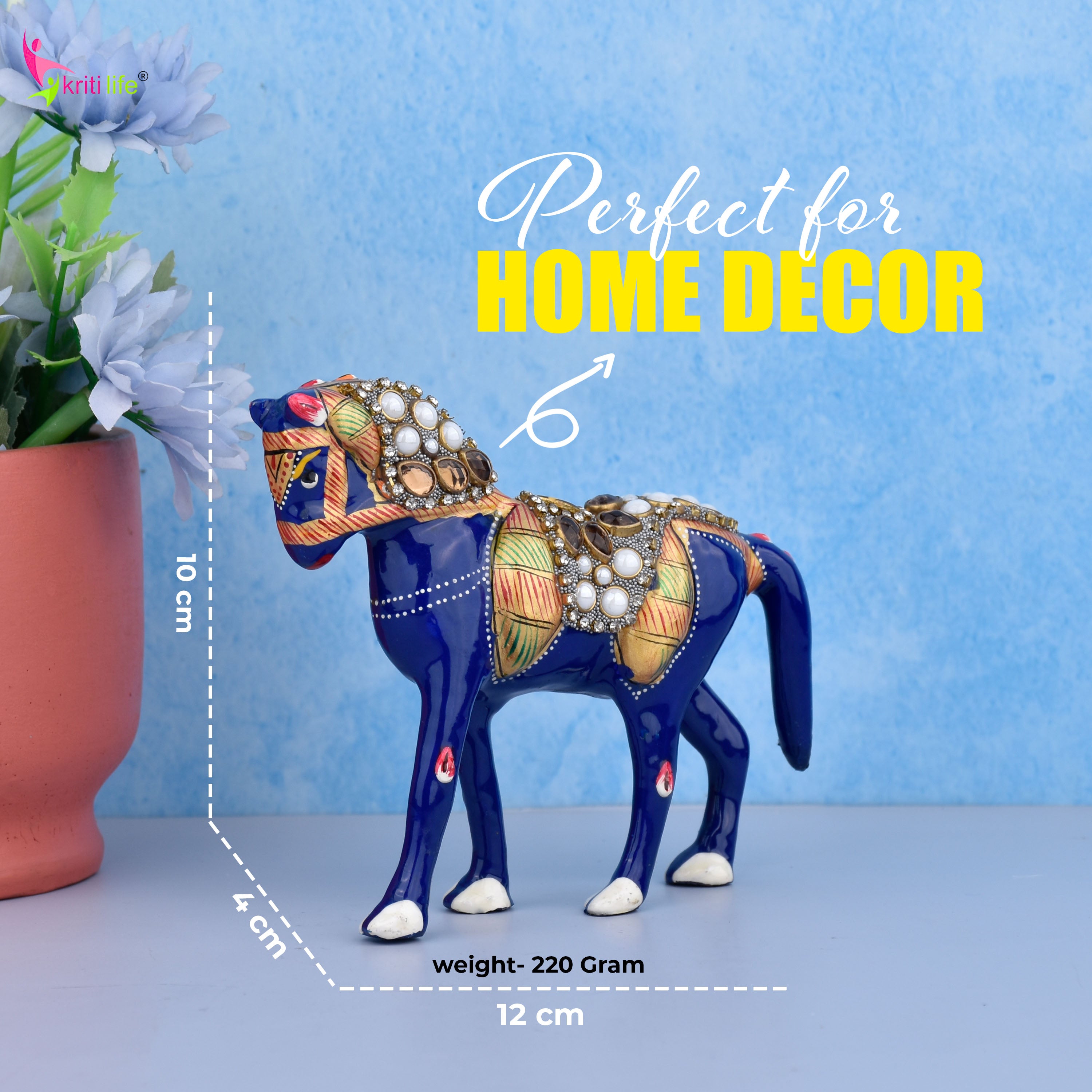 Handcrafted Royal Horse Showpiece | Enamel & Stone Decor | Aluminium | 4 inches