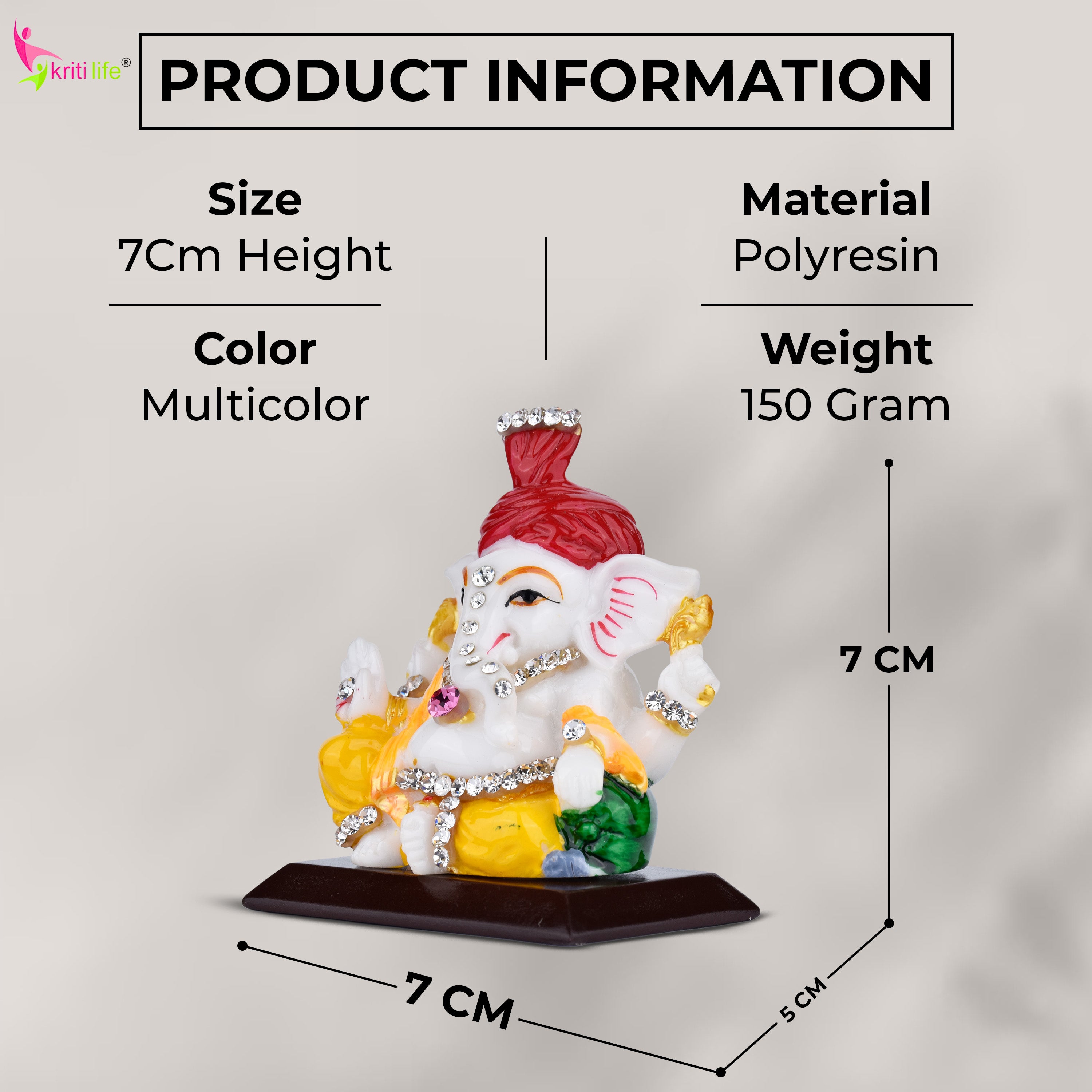 Decorative Lord Ganesha Idol with Diamond Embellishments – Polyresin Statue for Car Dashboard, Home, Office & Gift | 3 inches