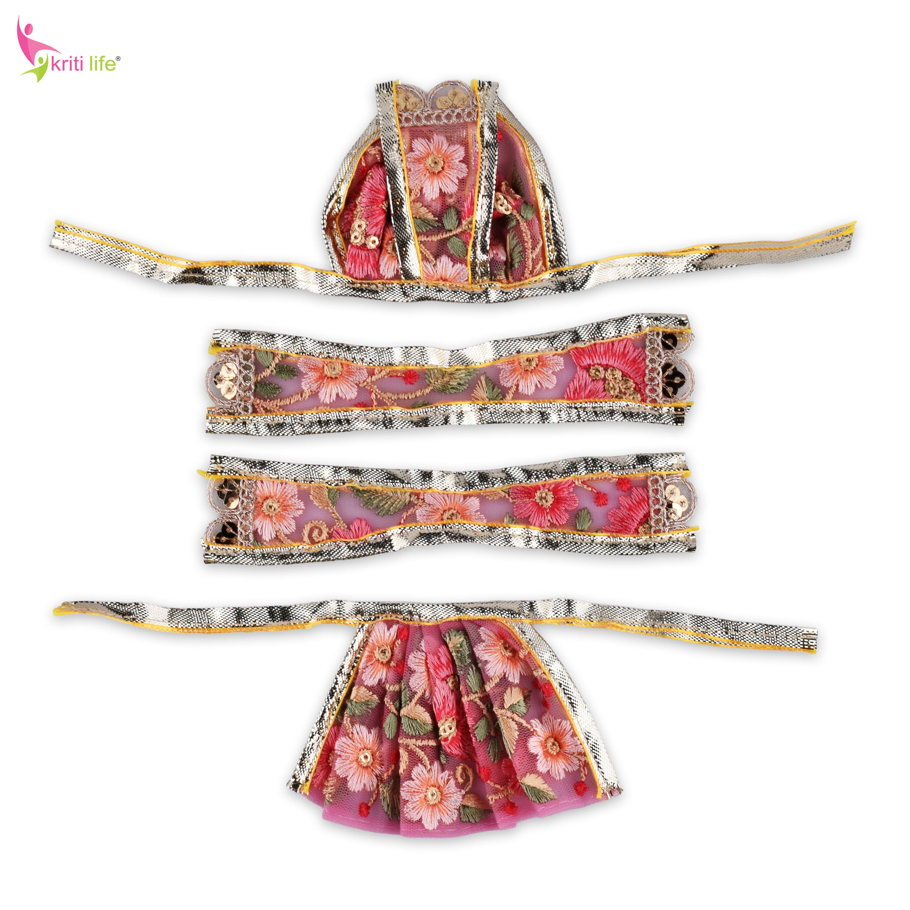 Radha Krishna Dress Set for 4 Inch Idol – Floral Embroidered Designer Vastra