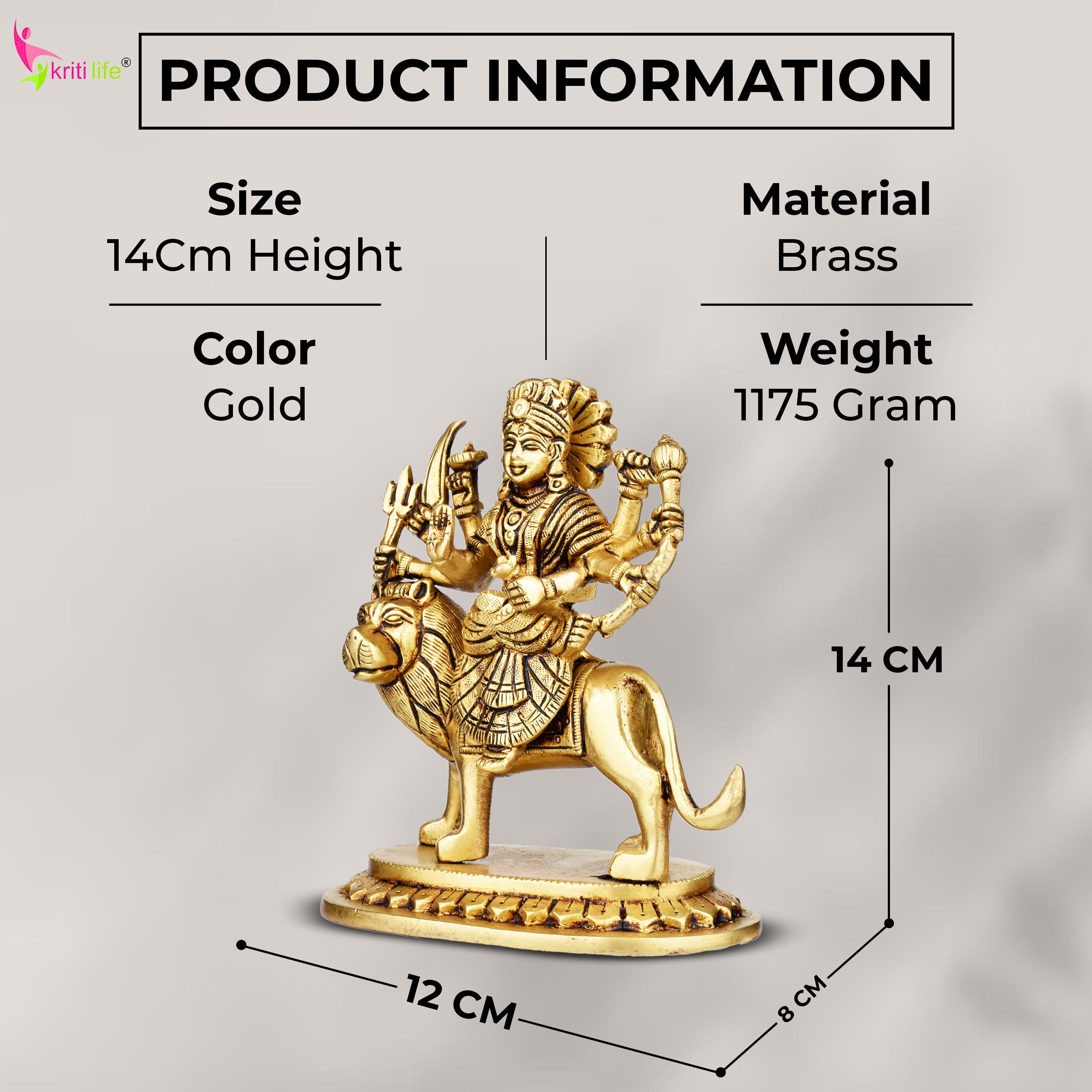 Brass Durga Maa Idol on Lion | 5.5 inches | 8-Handed Hindu Goddess Figurine for Navratri, Diwali & Gift
