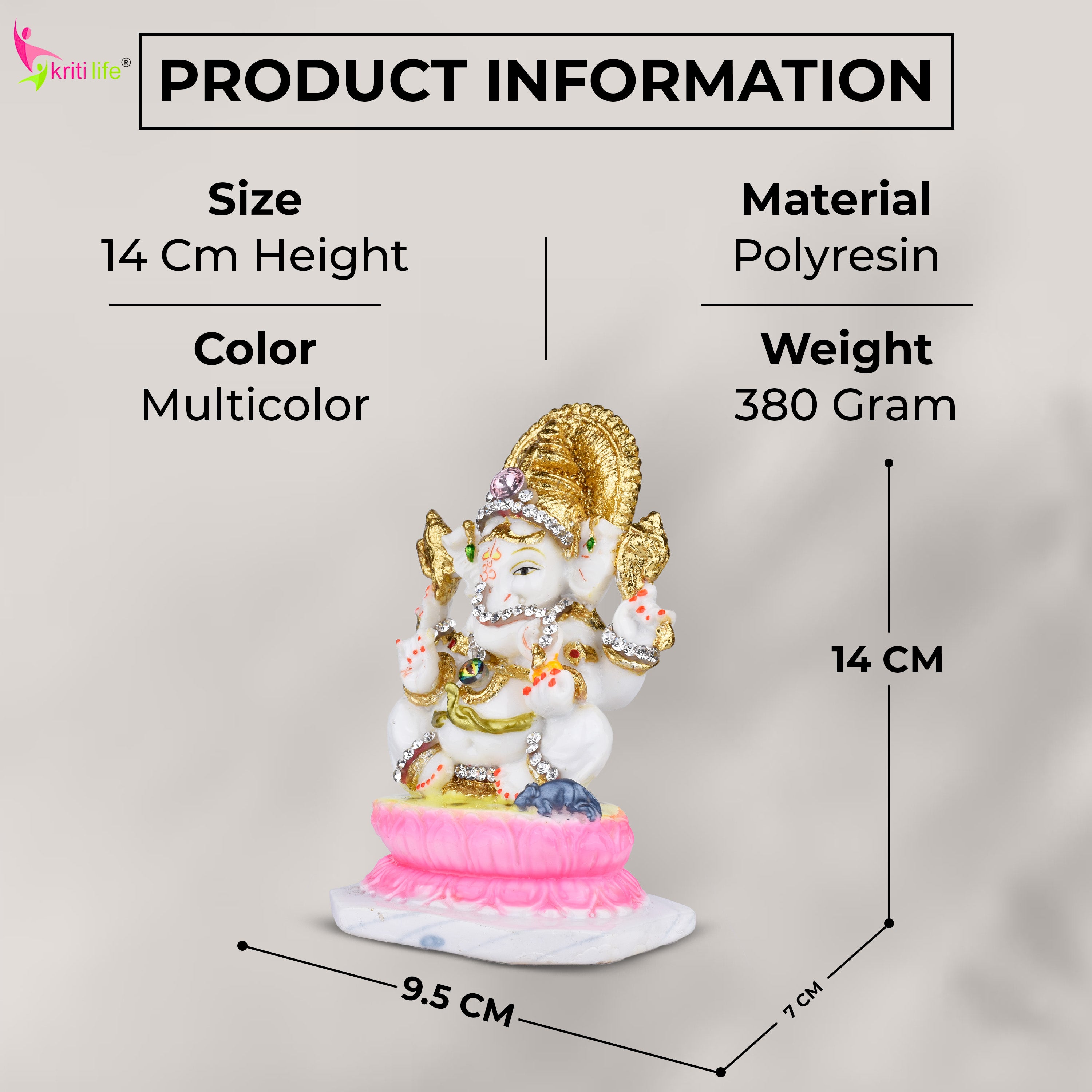 Lord Ganesha Idol – Decorative Polyresin Statue with Stones & Pink Lotus Base - 5.5 inches