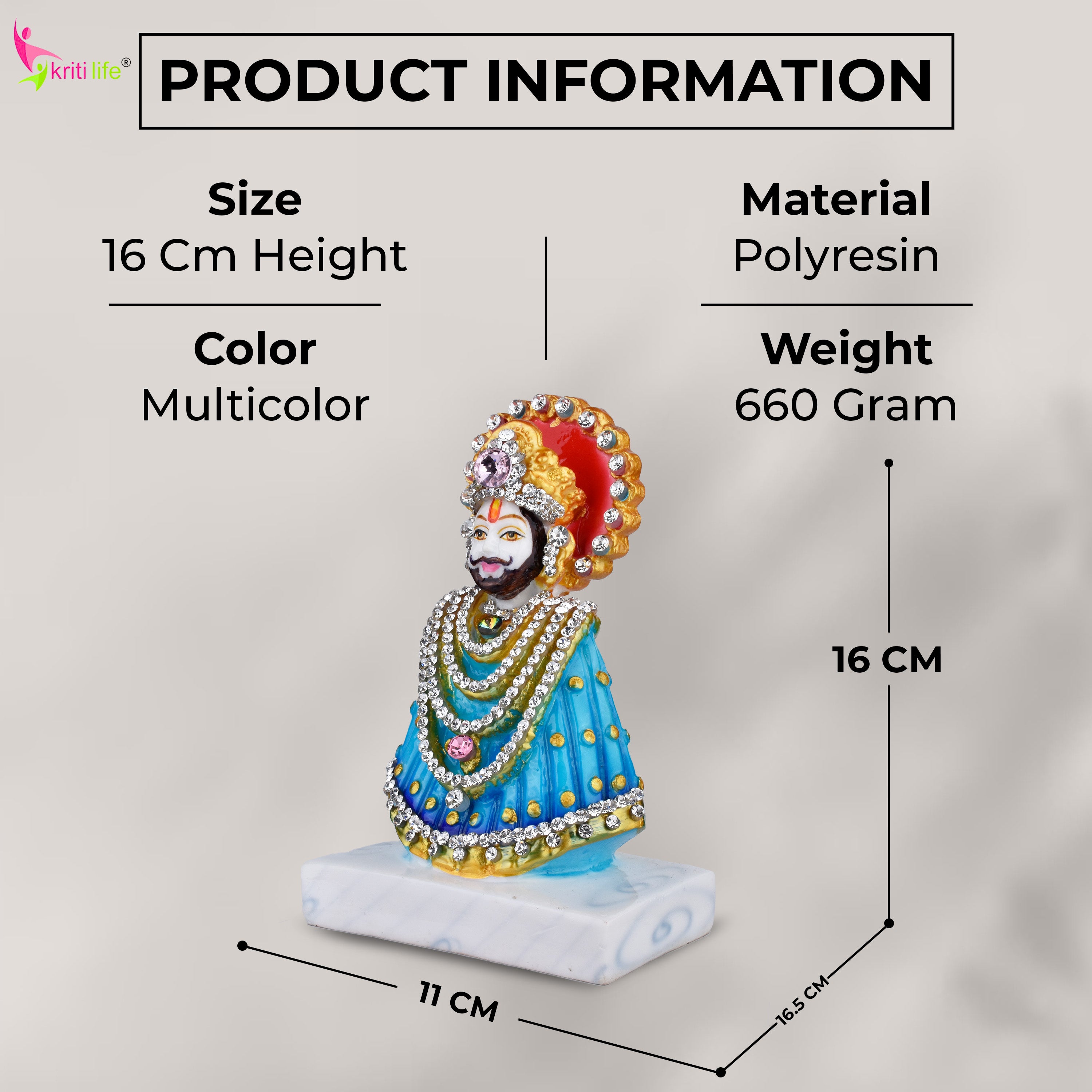 Baba Shyam Decorative Idol – 6 inches - Khatushyam Ji Polyresin Statue with Stones & Vibrant Finish