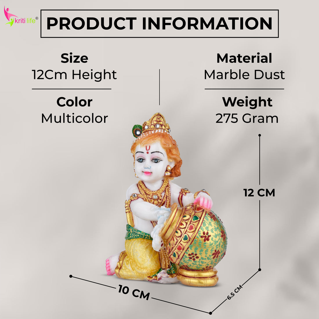 Bal Krishna Idol | 4.5 inches | – Marble Dust Makhan Chor Murti for Home Décor & Pooja