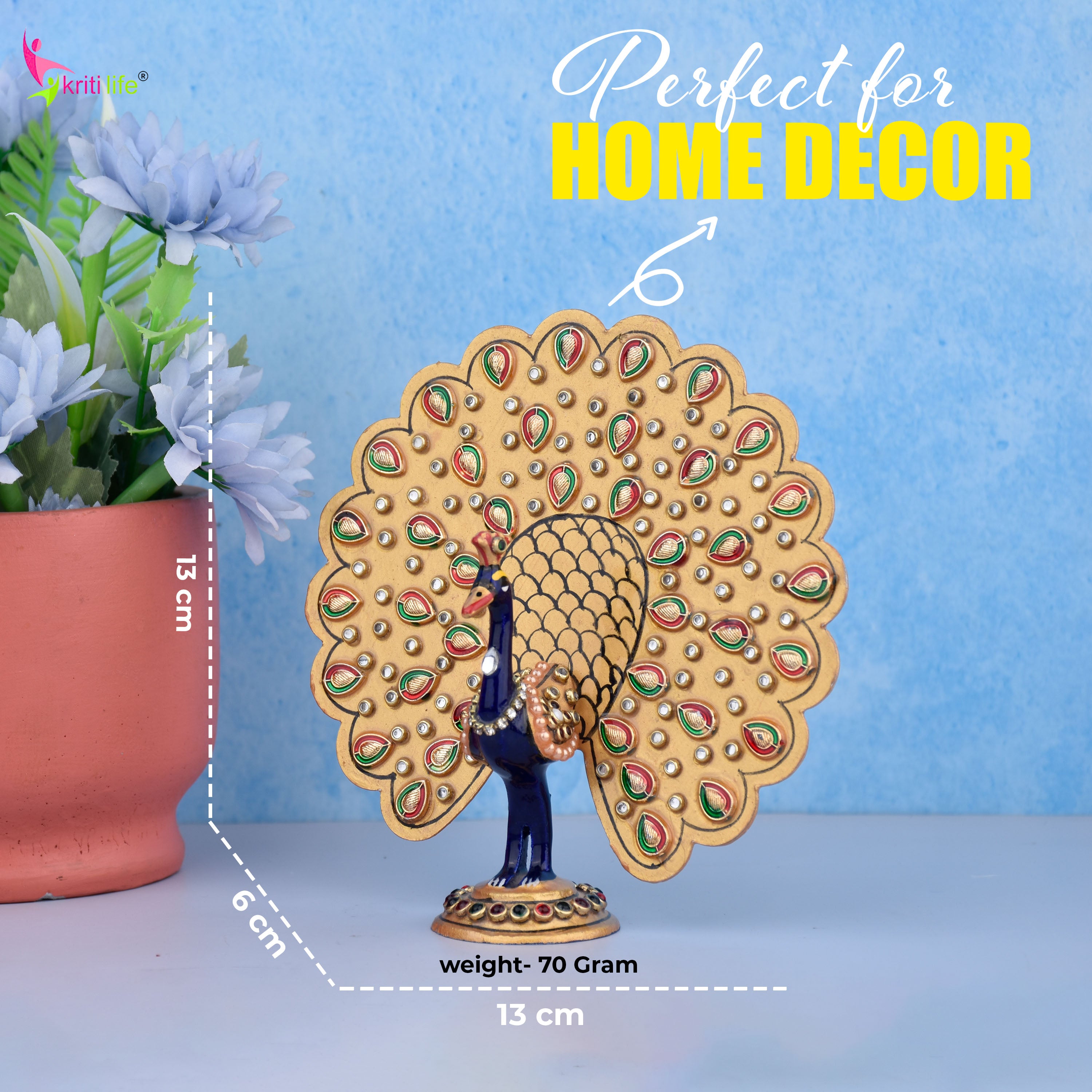 Handcrafted Aluminium Peacock Showpiece with Open Feather Fan - 5 inches