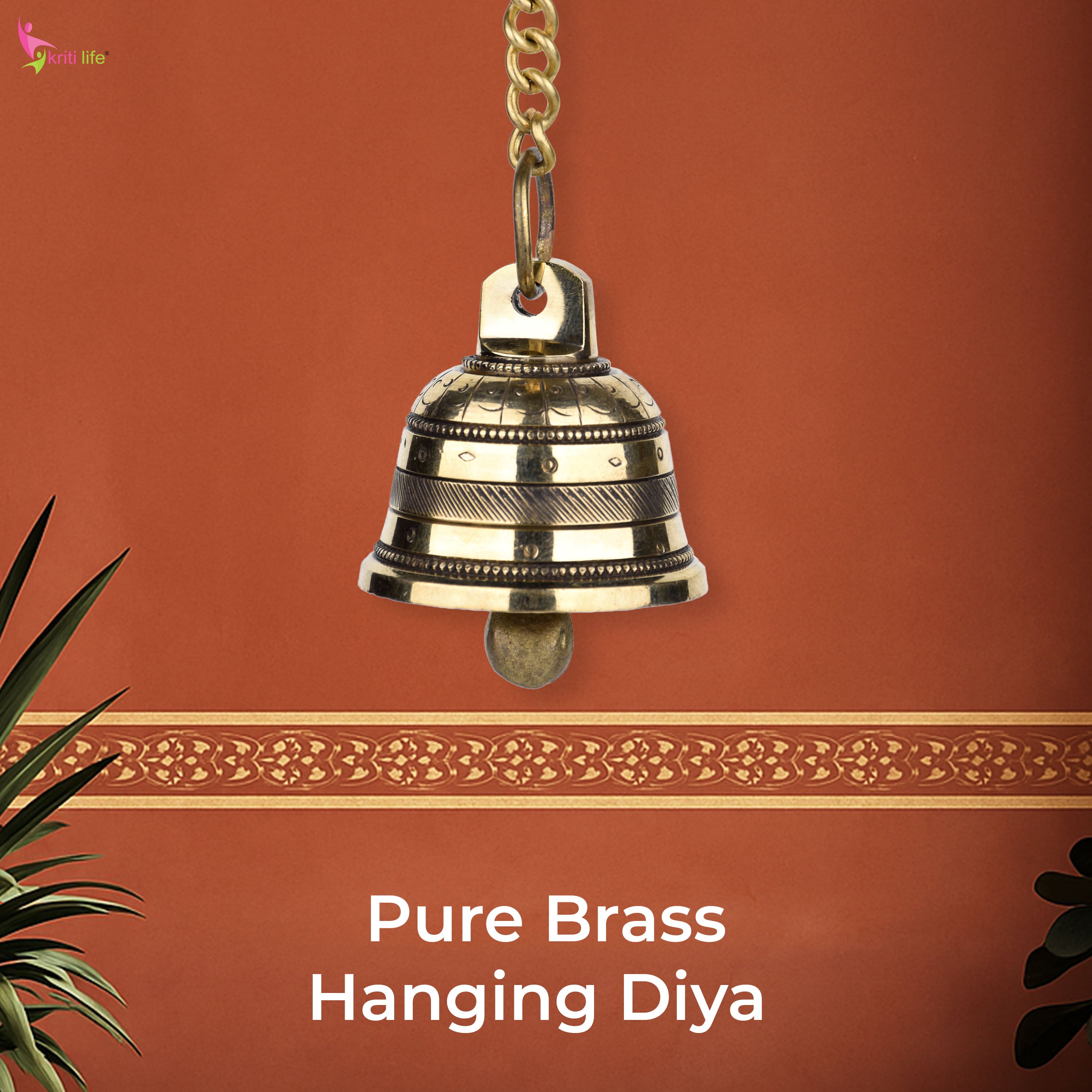 Brass Hanging Temple Bell with Chain | Wall Mount Ghanti for Pooja Room | 30 cm Hight