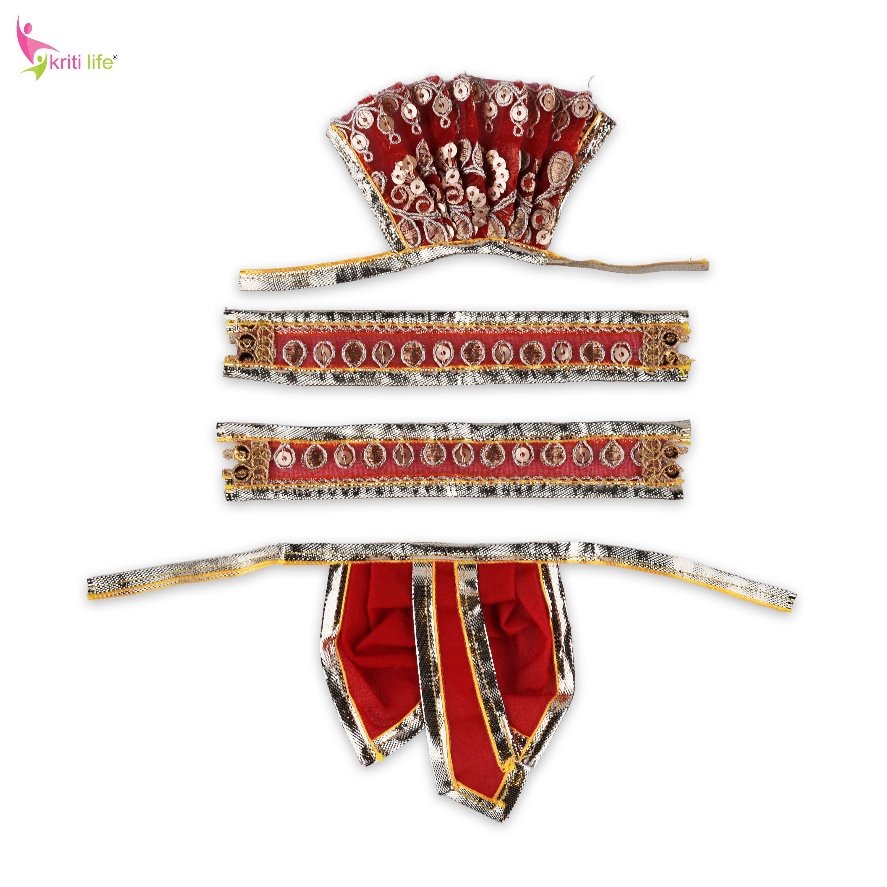 Red Radha Krishna Dress Set for 4 Inch Idol – Embroidered Vastra with Golden Sequin Work