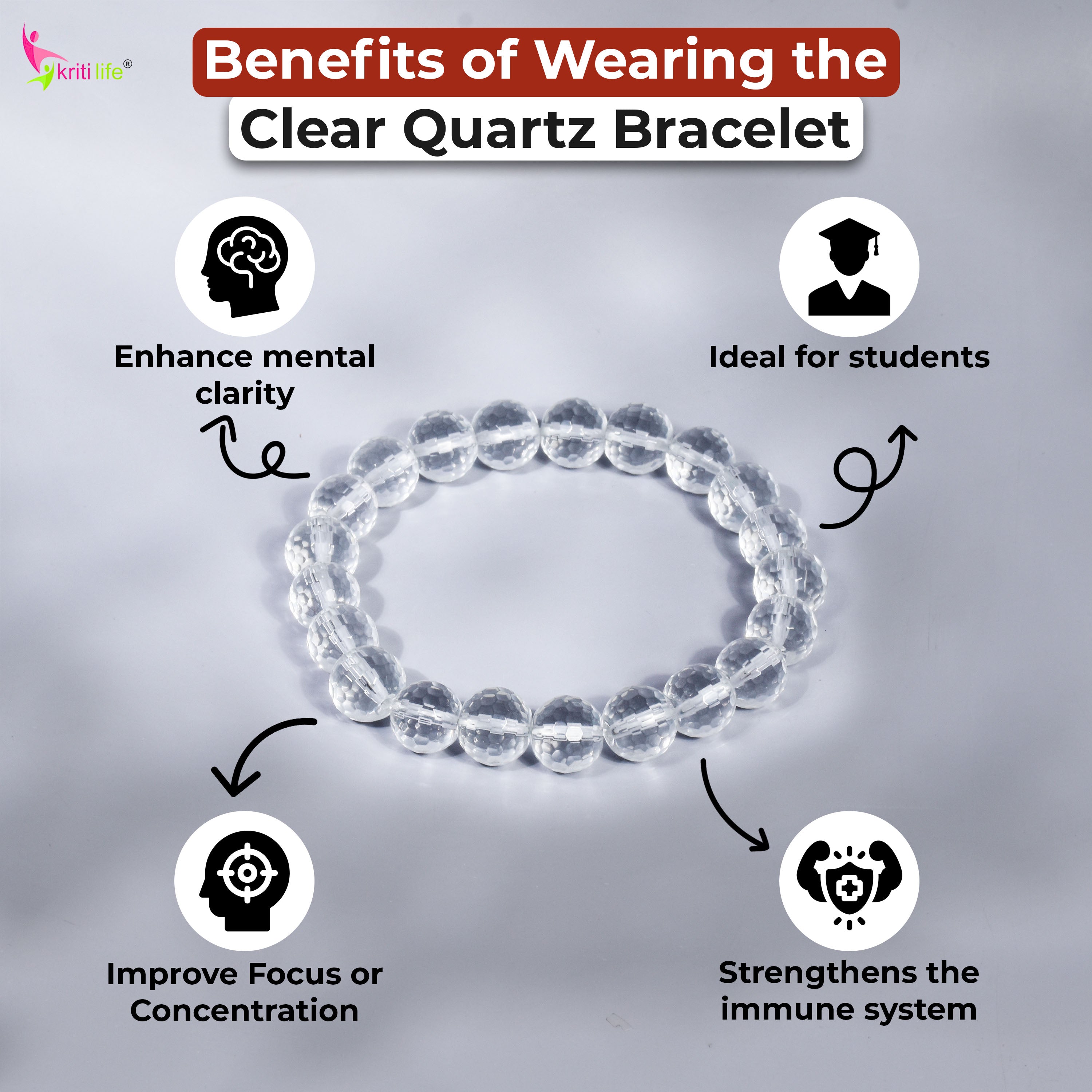 Natural Clear Quartz Crystal Bracelet for Focus, Energy & Healing-10mm