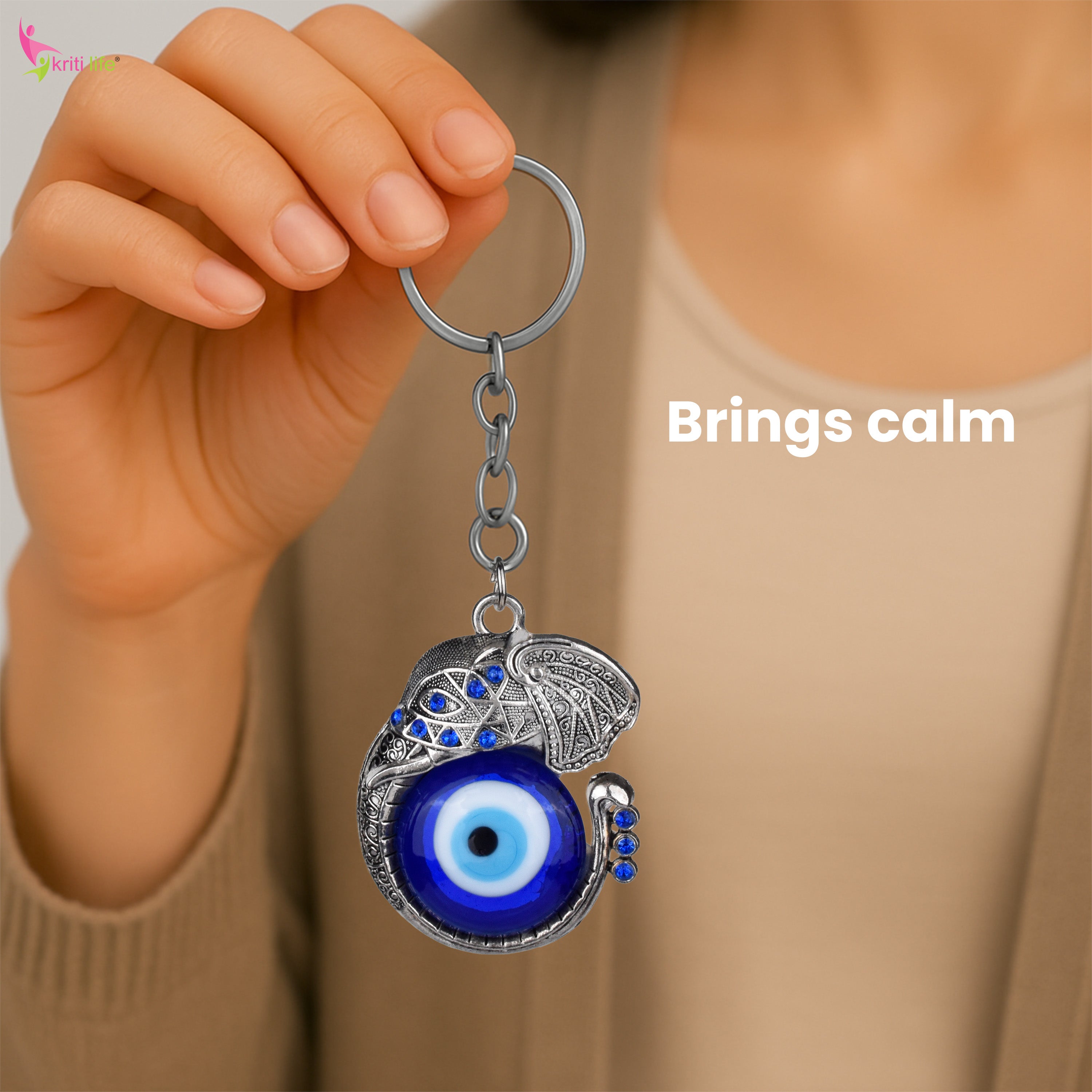 Elephant Evil Eye Keychain | Nazar Suraksha Keyring with Royal Elephant Charm for Luck & Protection-11 cm Hight