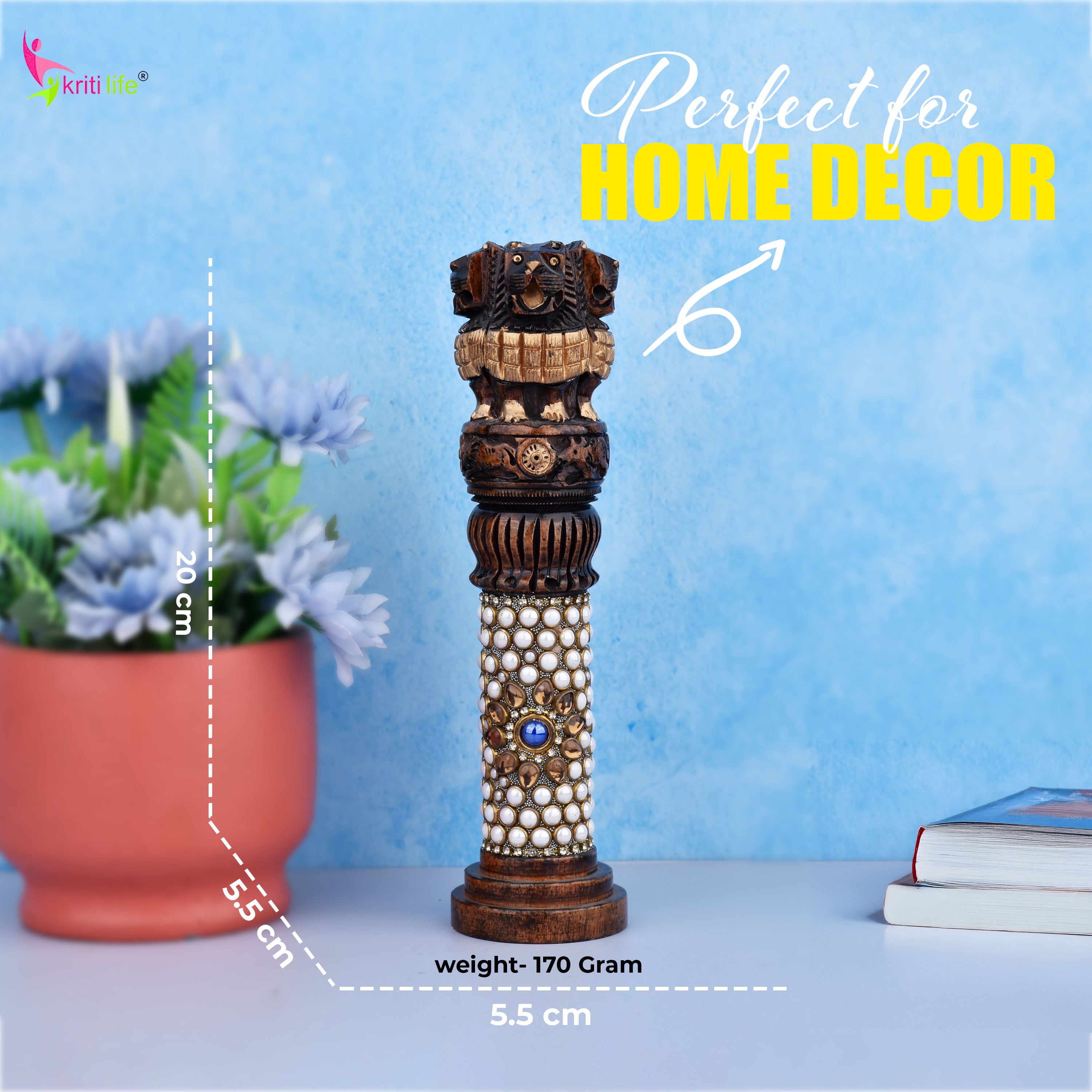 Wooden Ashok Stambh | National Emblem of India with Stone Work | 7.5 inches