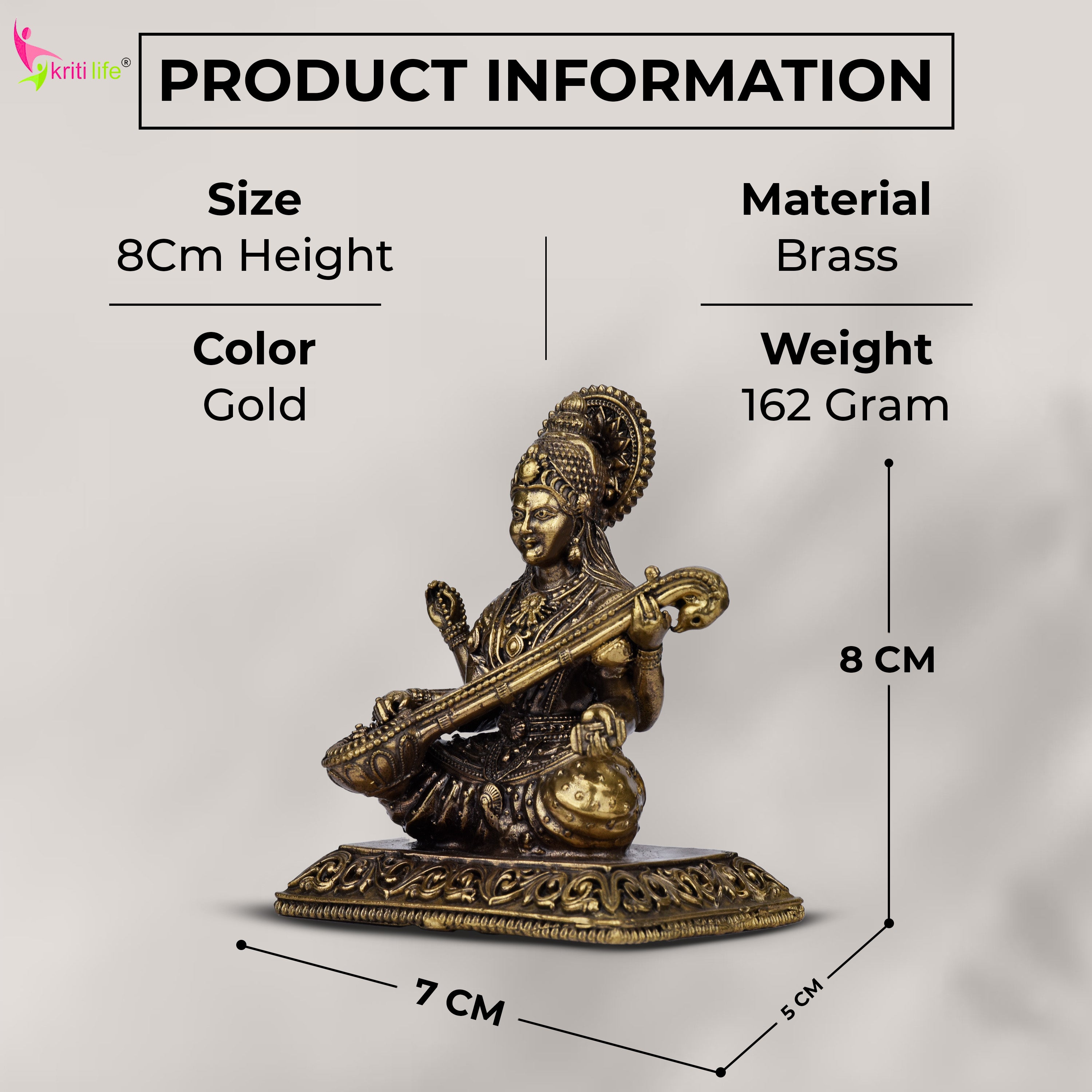 Brass Goddess Saraswati Idol | 3 inches | Handcrafted for Home Temple & Decor
