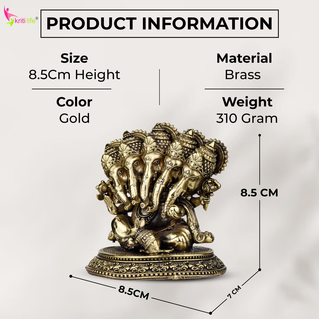 Brass Panchmukhi Ganesha Idol – Panchmukhi Ganpati Murti 3 inches for Home, Office & Pooja