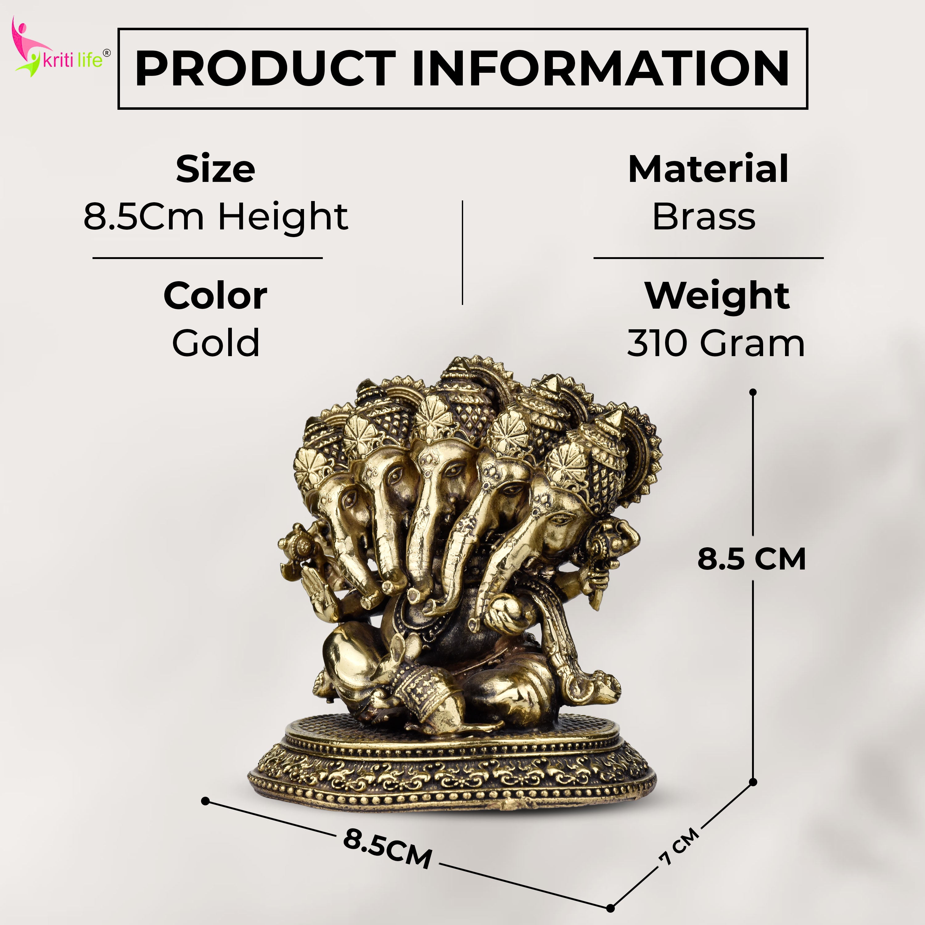 Brass Panchmukhi Ganesha Idol – Panchmukhi Ganpati Murti 3 inches for Home, Office & Pooja