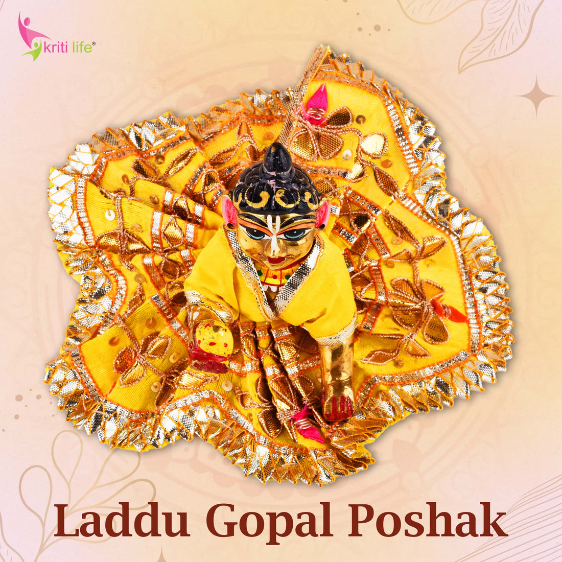 Beautiful Yellow Laddu Gopal Dress with Golden Embroidery – Ideal for 4-Inch Idol | Traditional Poshak for Kanha Ji