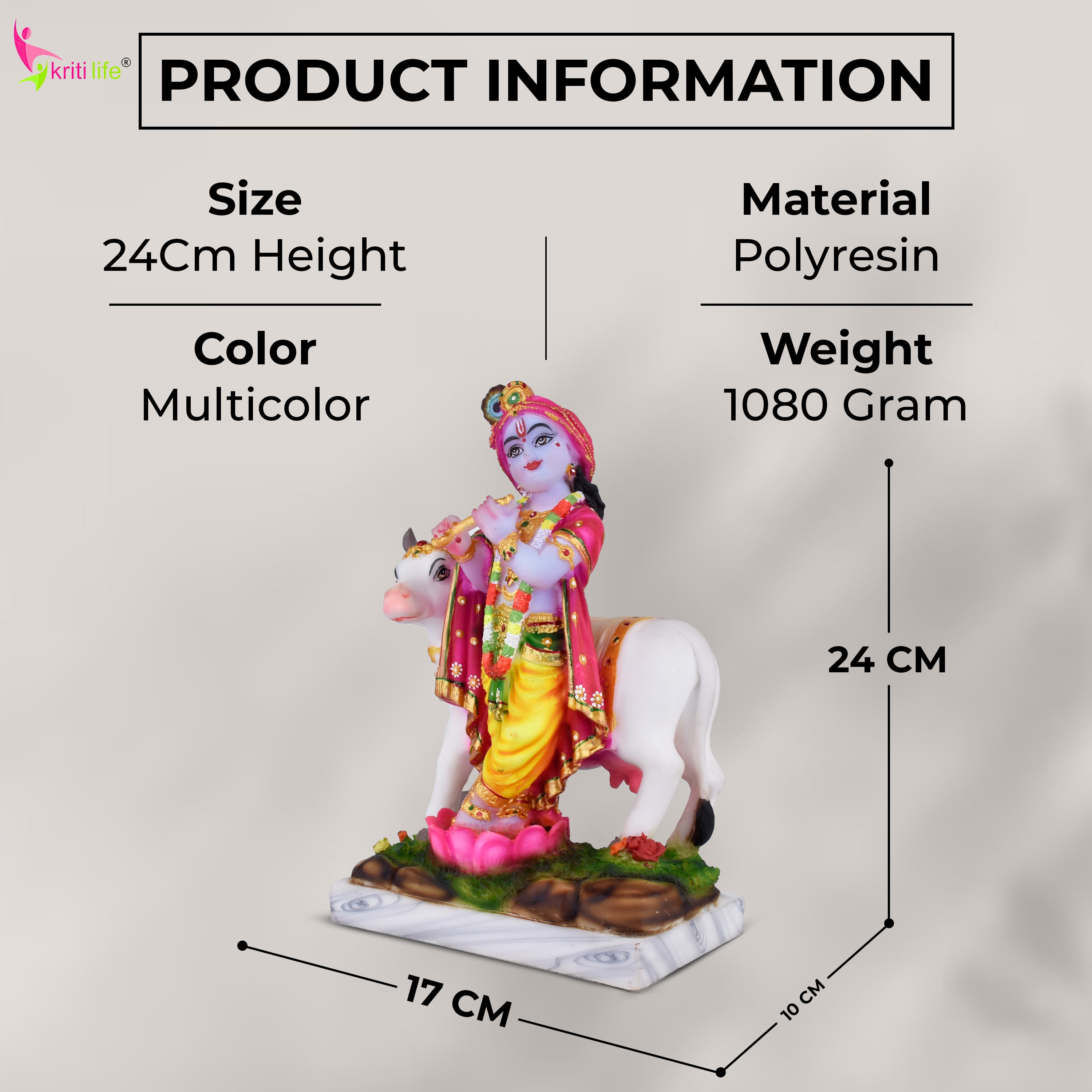 Lord Krishna with Cow Marble Dust Idol | 9.5 inches | – Handcrafted Murti for Home Mandir & Décor
