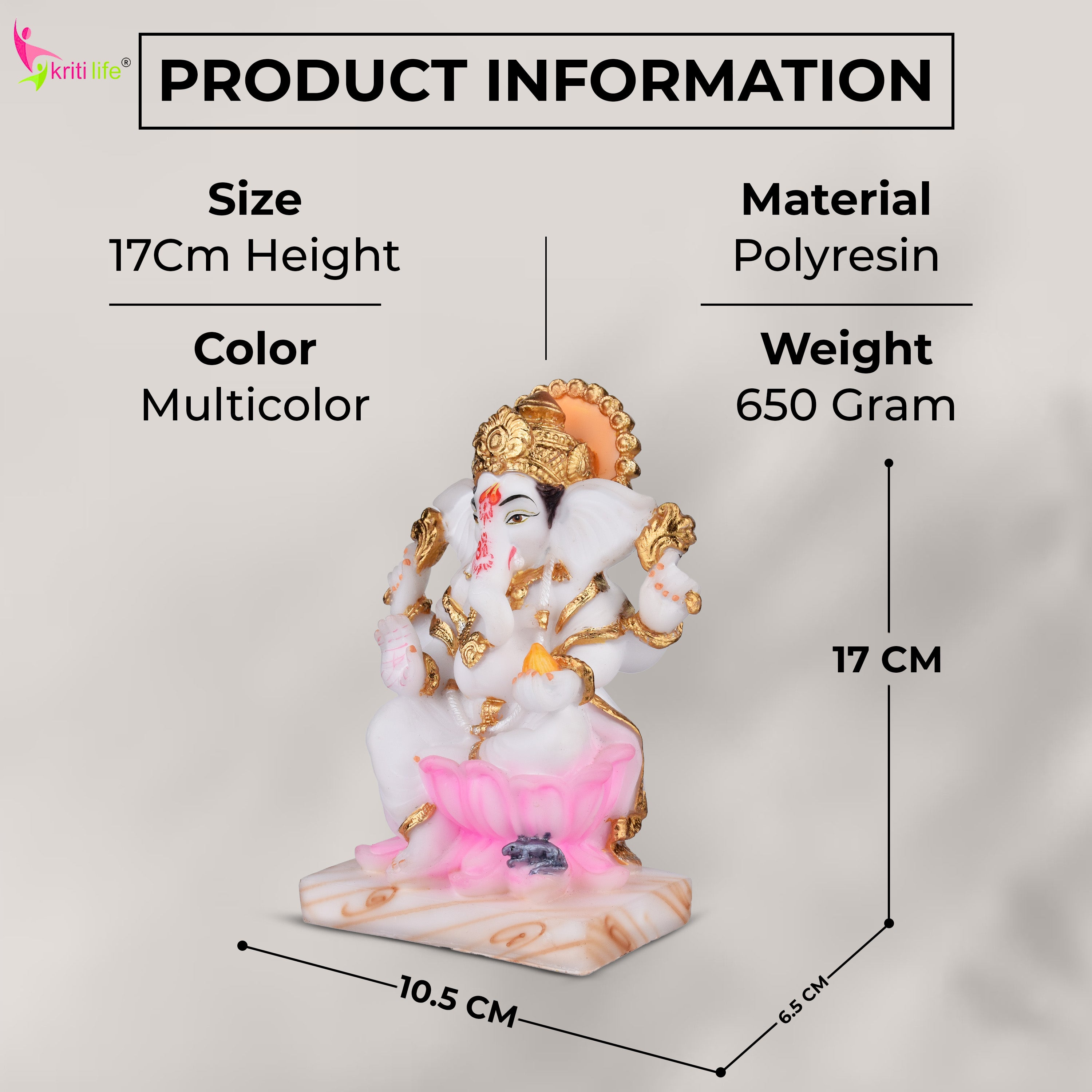 Lord Ganesha Idol in Polyresin | 6.5 inches | Sitting Ganpati Statue on Lotus with Golden Accents