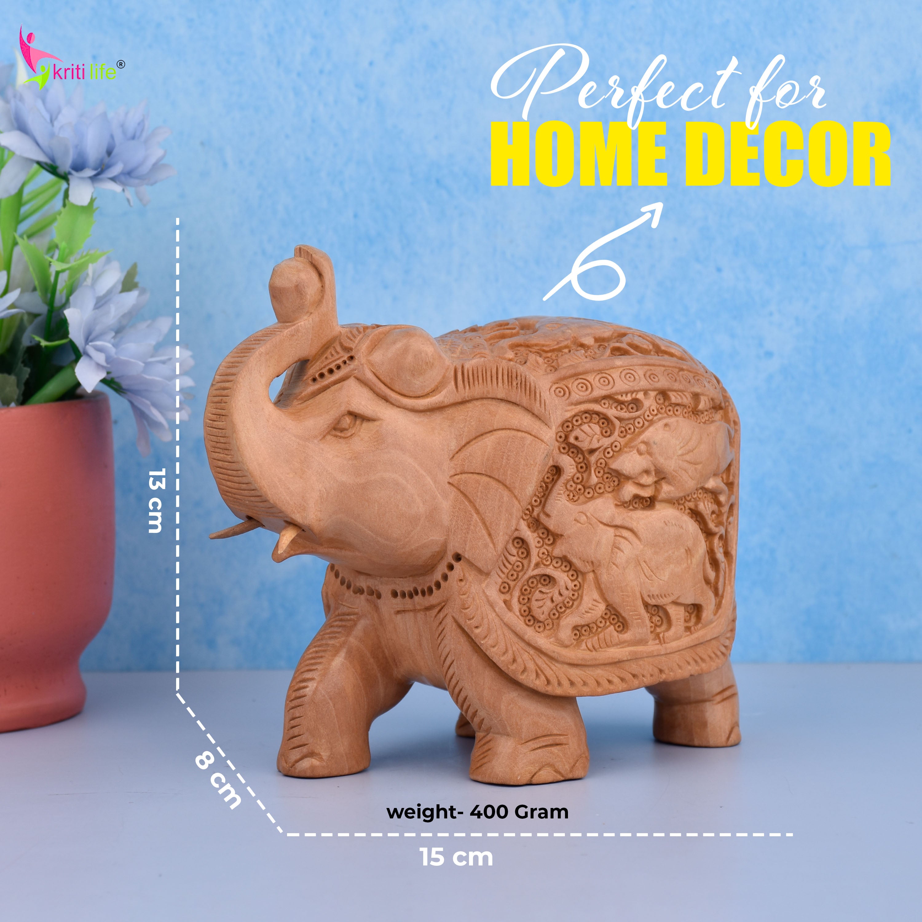 Handcrafted Wooden Elephant Showpiece | Intricate Animal Carving Decor- 6 inches