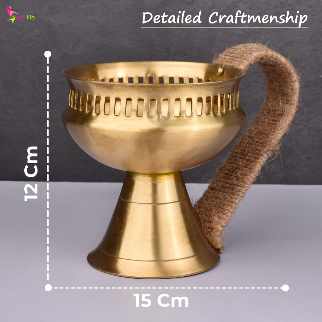 Brass Dhupiya with Jute Handle | Handcrafted Dhoop Burner for Pooja & Havan- 6 inches