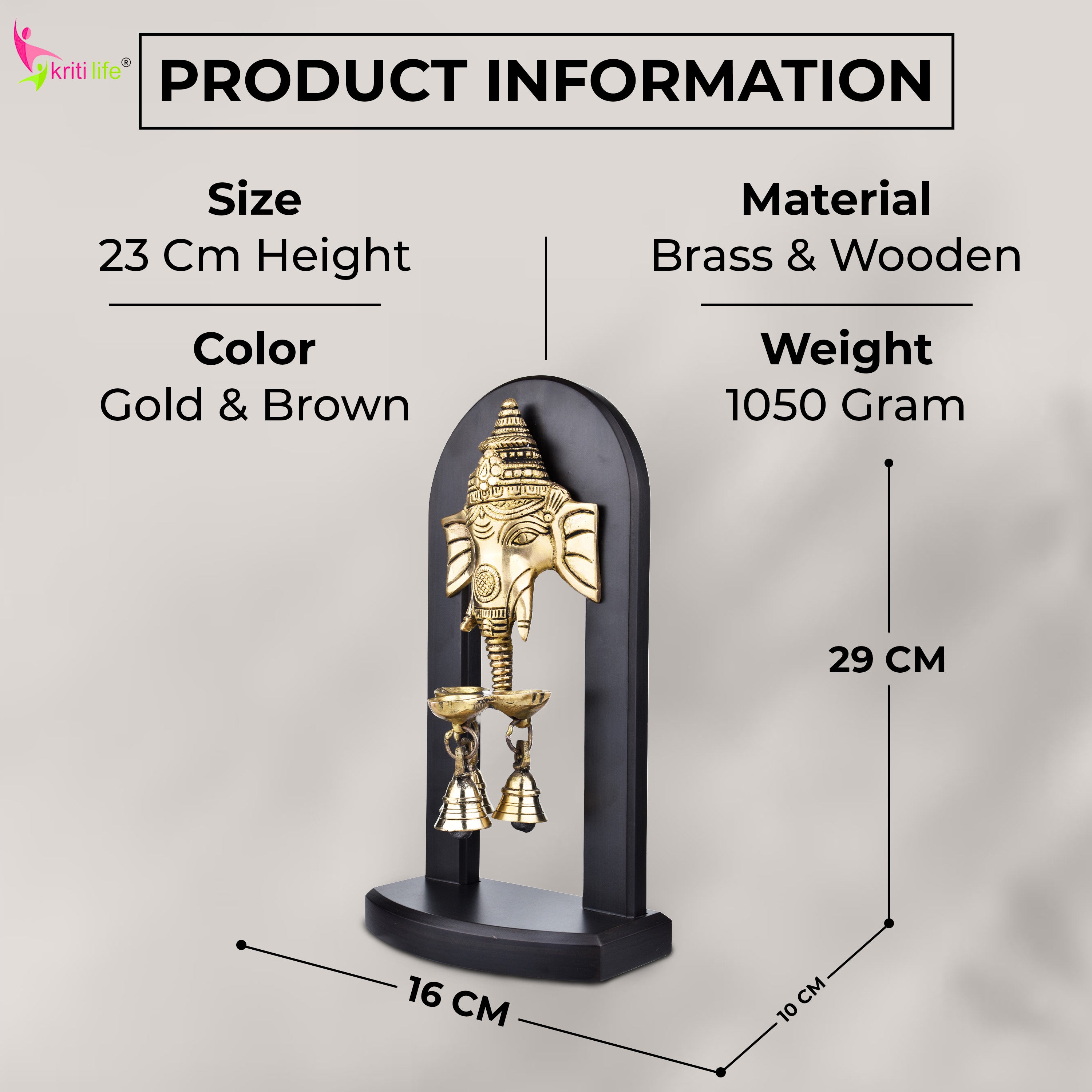 Brass Ganesha Wall Hanging Bell with Wooden Frame -11 inches – Decorative and Auspicious Door/Wall Accent