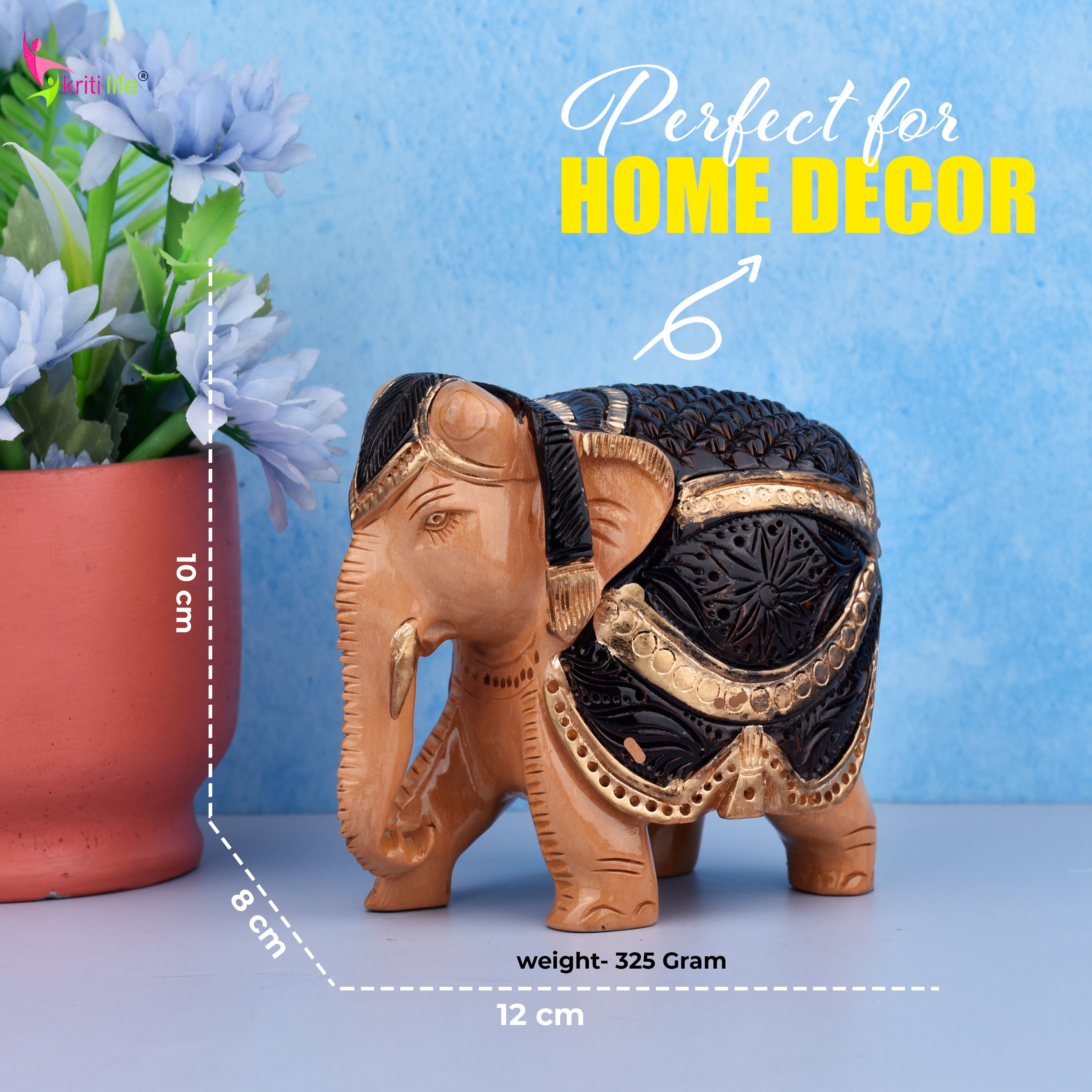 Handcrafted Wooden Elephant Showpiece | Brawn & Gold Painted Rajasthani Art- 4.5 inches