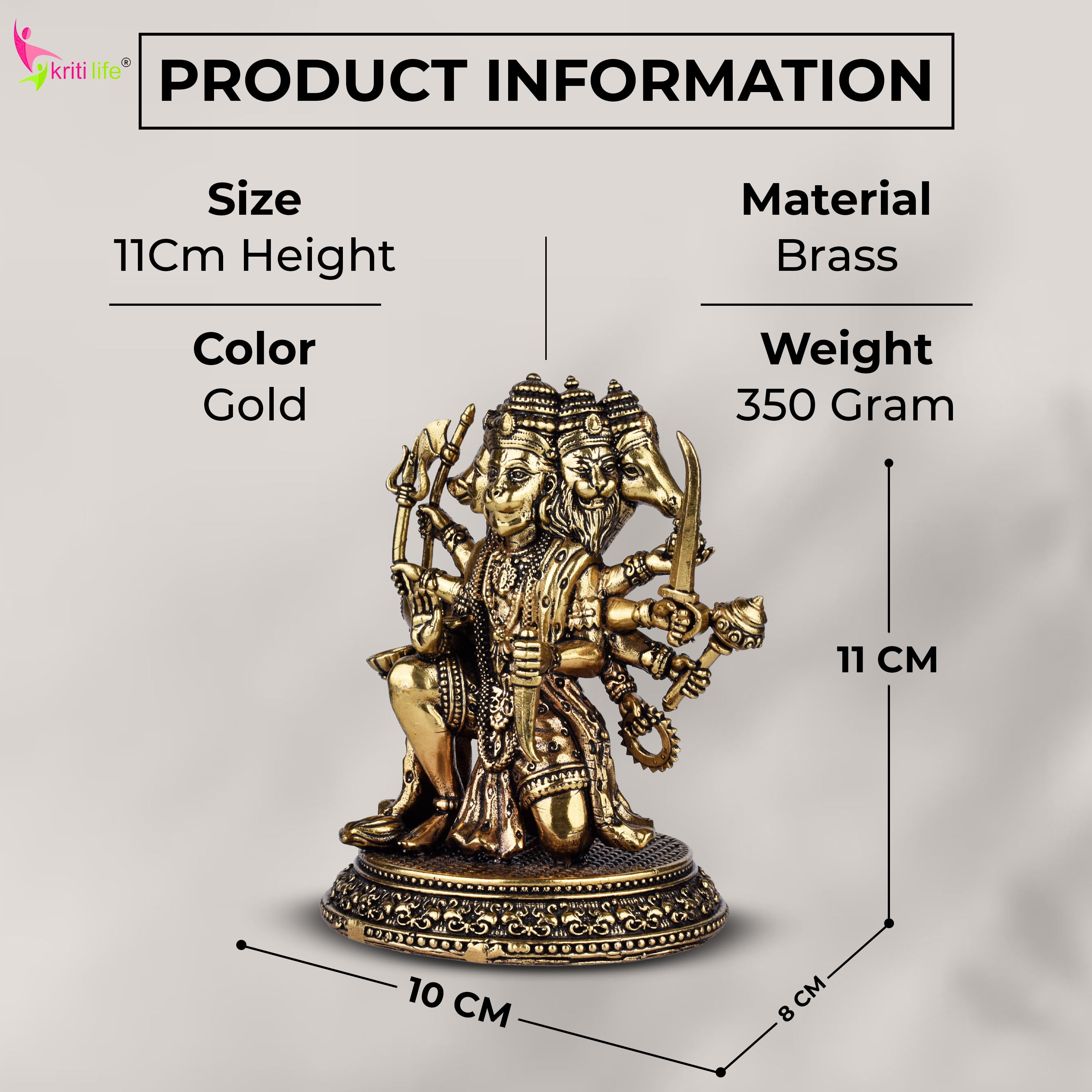 Brass Panchamukhi Hanuman Idol | Five-Faced Hanuman Statue 4 inches for Home Temple & Protection