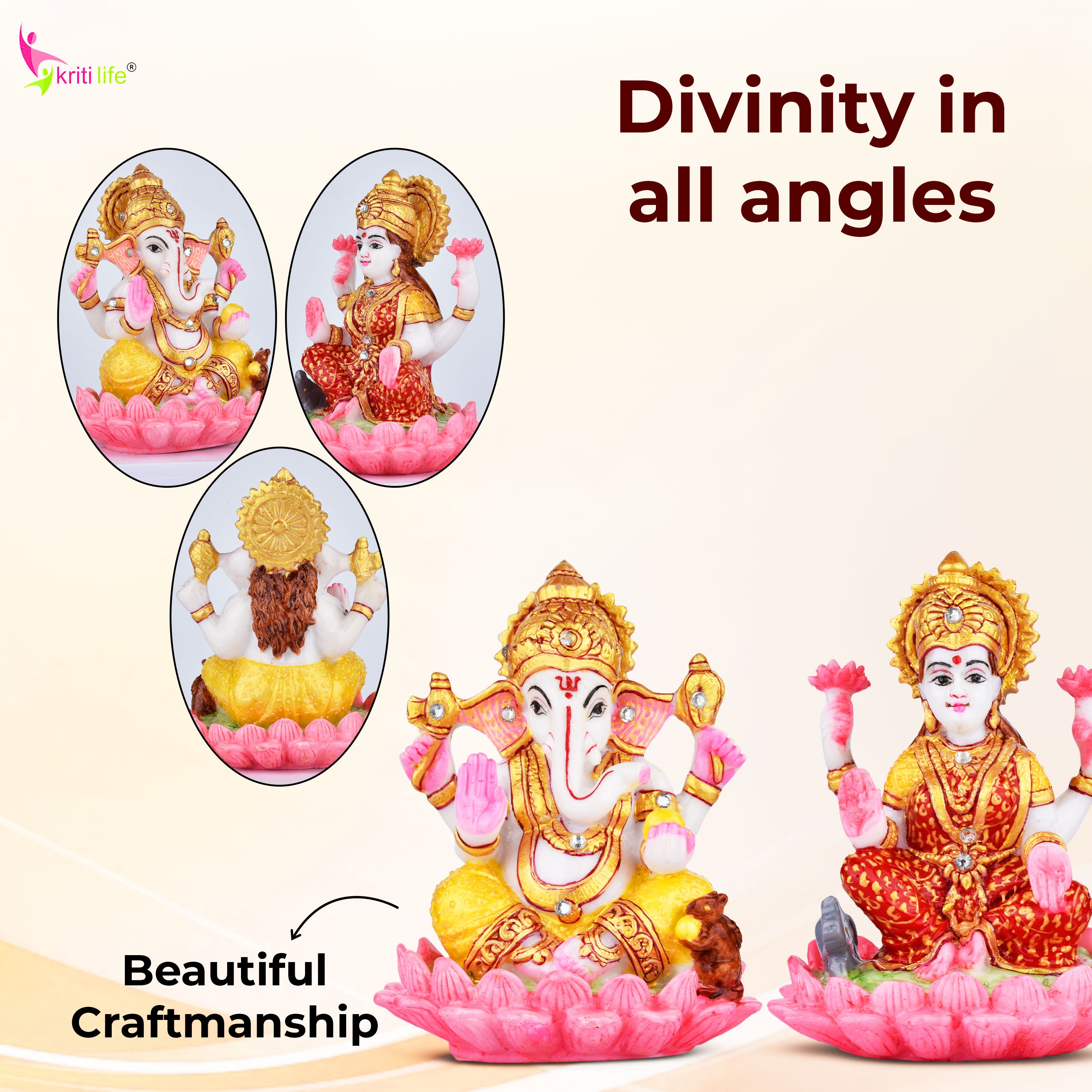 Laxmi Ganesh Sitting On Lotus Marble Idol 7 Inch