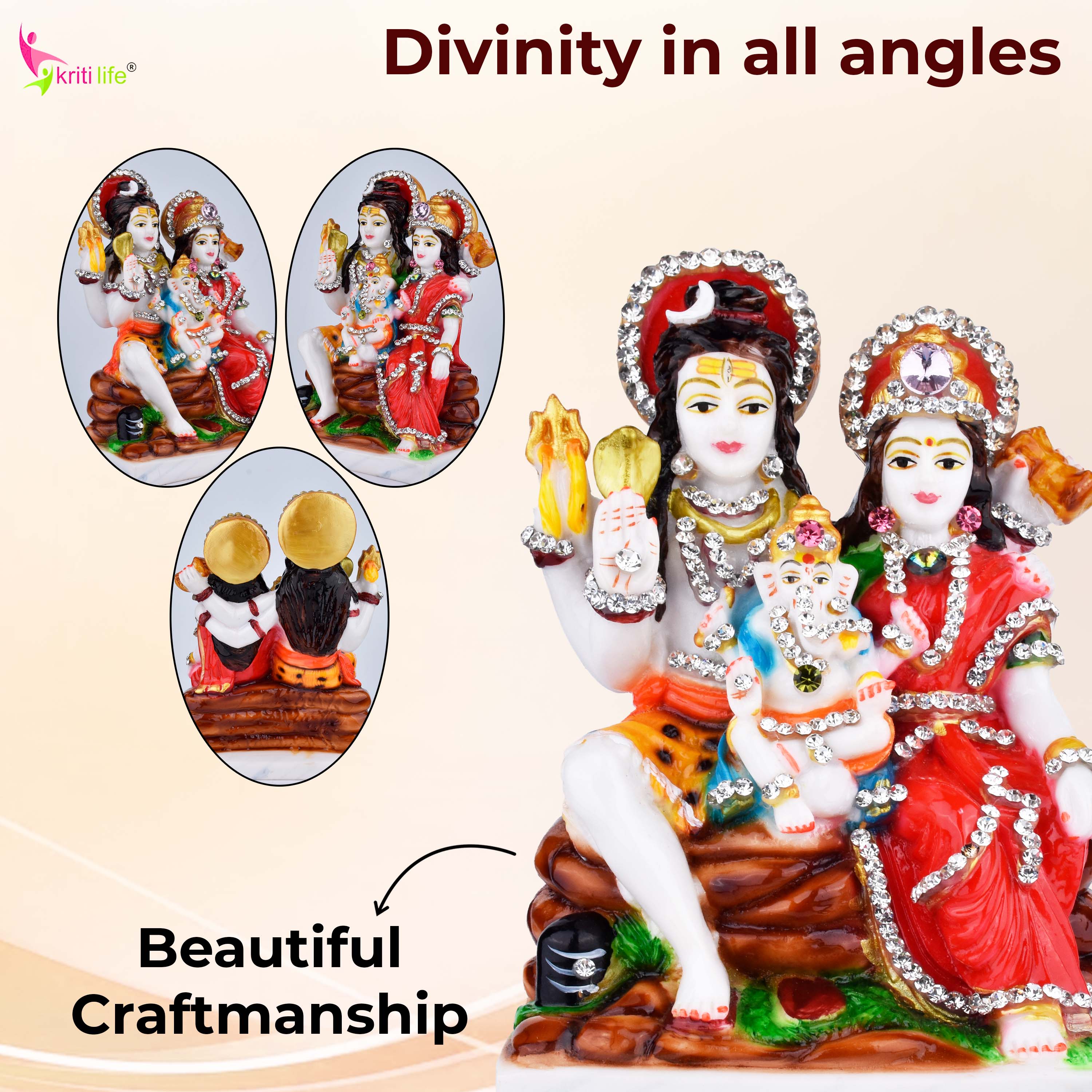 Shiva Parivar Idol | 6 inches | Polyresin Lord Shiva, Parvati & Ganesha Statue with Decorative Stonework