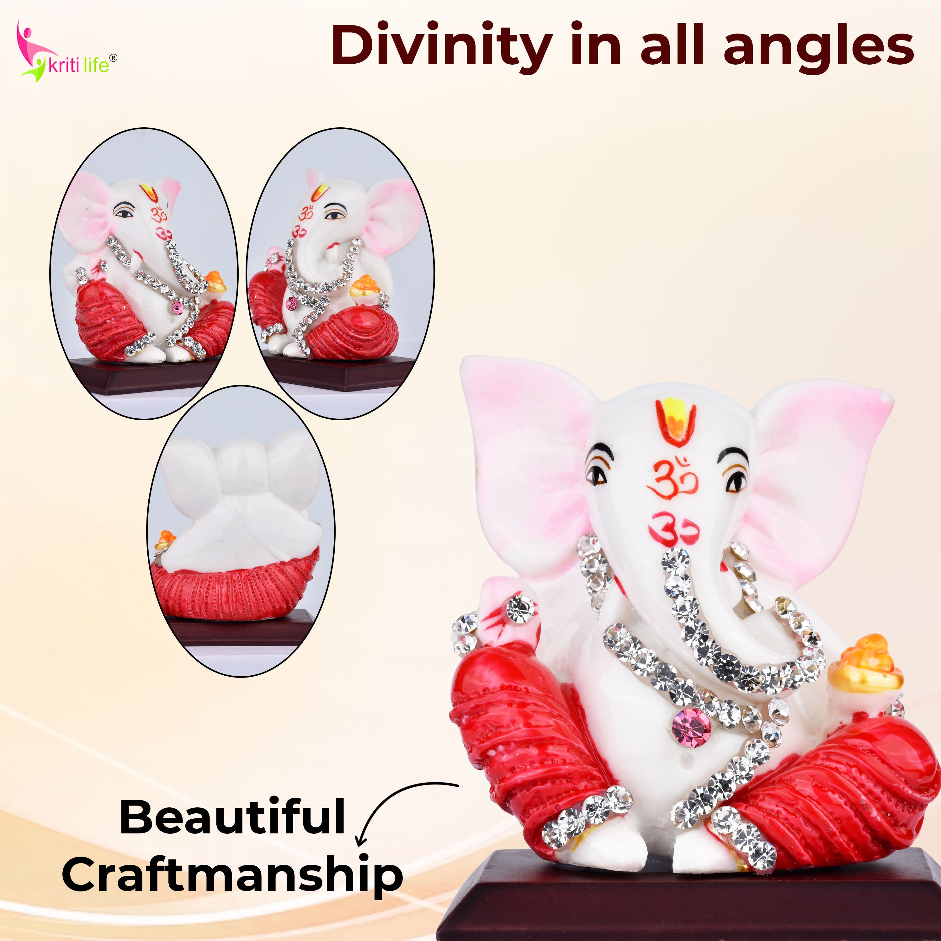 Lord Ganesha Idol with Red Attire & Diamond Embellishments – Polyresin Murti for Home, Car, and Gift | 2.5 inches