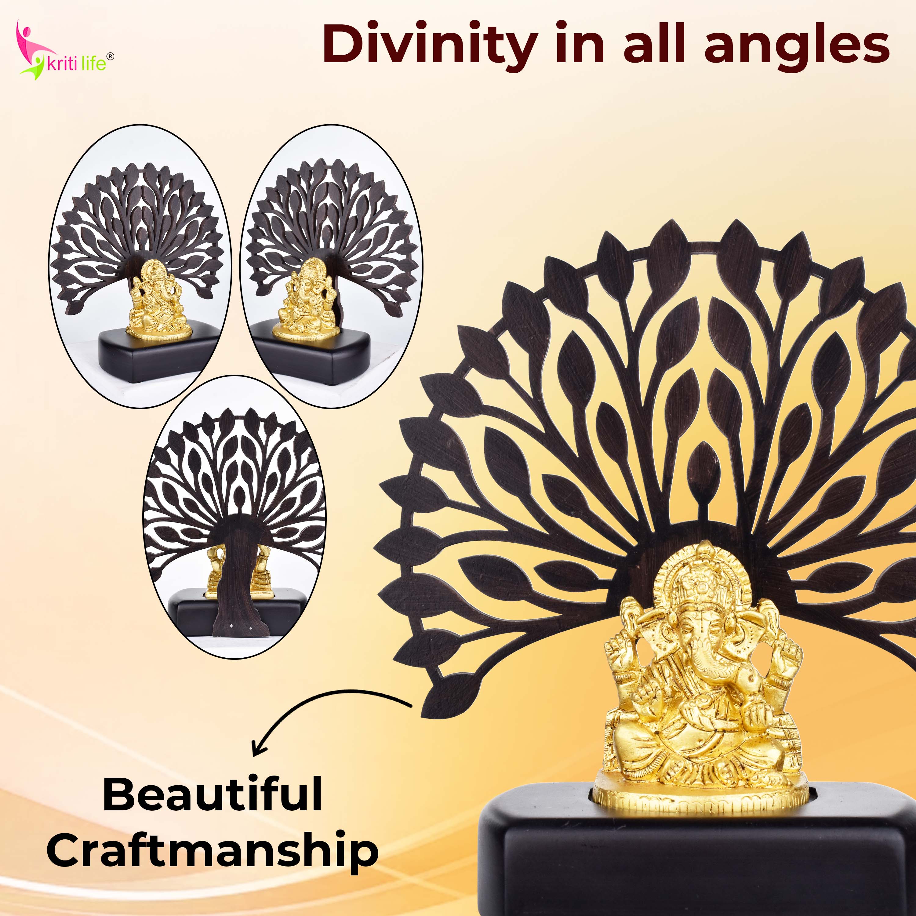 Brass Lord Ganesha Idol with Wooden Tree Backdrop – | 6  inches | Decorative Showpiece for Home & Office