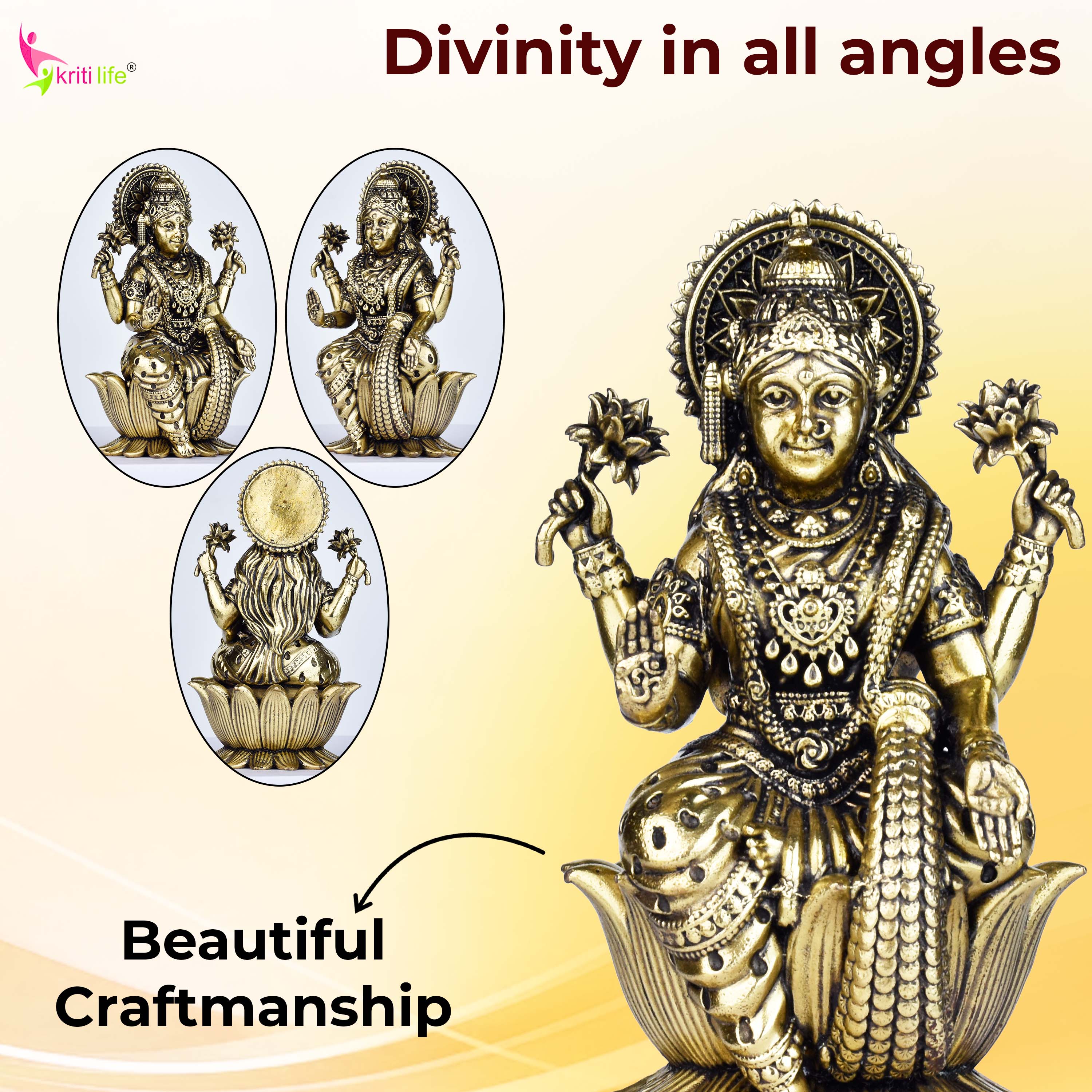 Brass Goddess Lakshmi Idol Sitting on Lotus – Antique Finish Statue 4 inches for Wealth & Prosperity