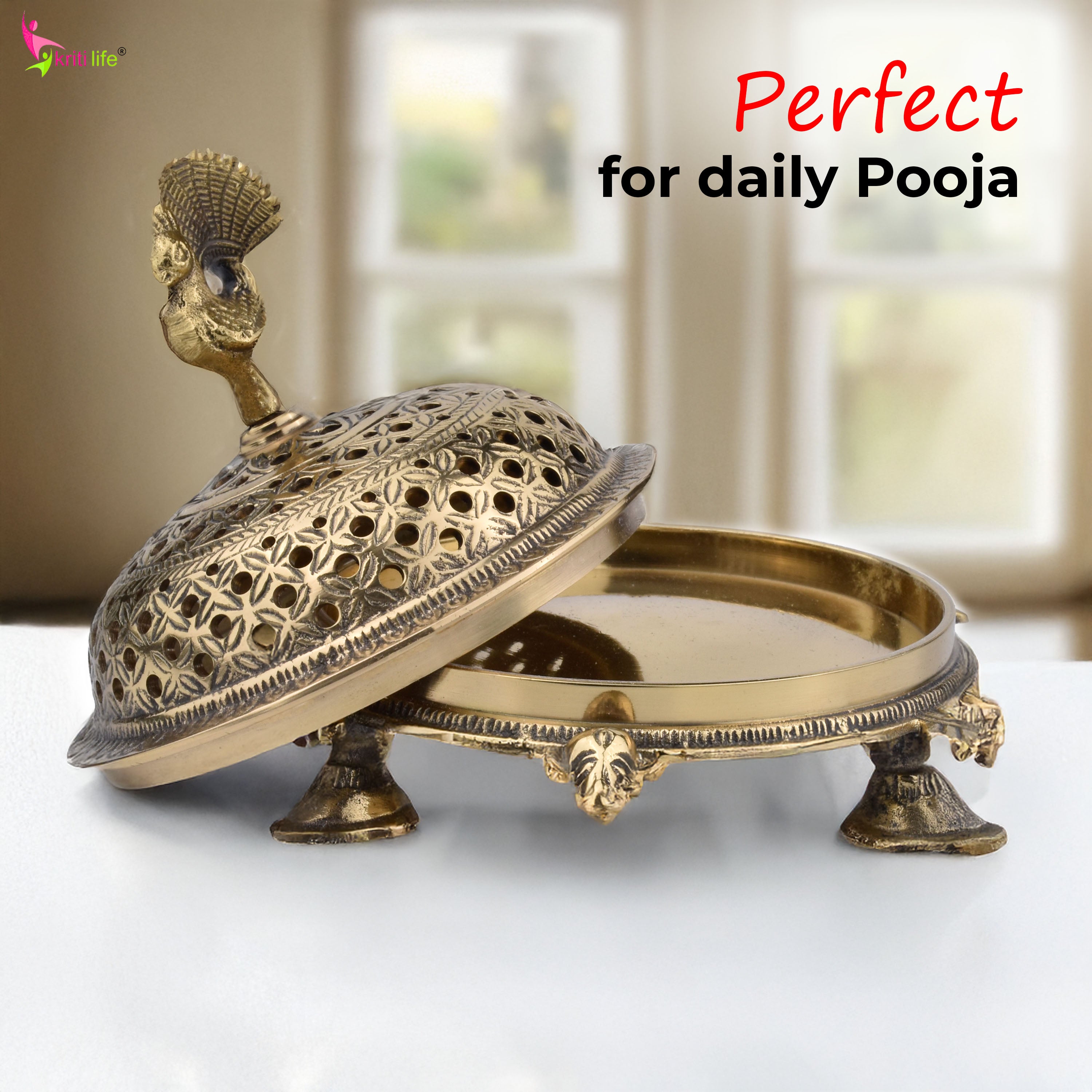 Handcrafted Brass Tortoise Dhupiya | Traditional Dhoop Burner with Peacock Lid | 7 inches