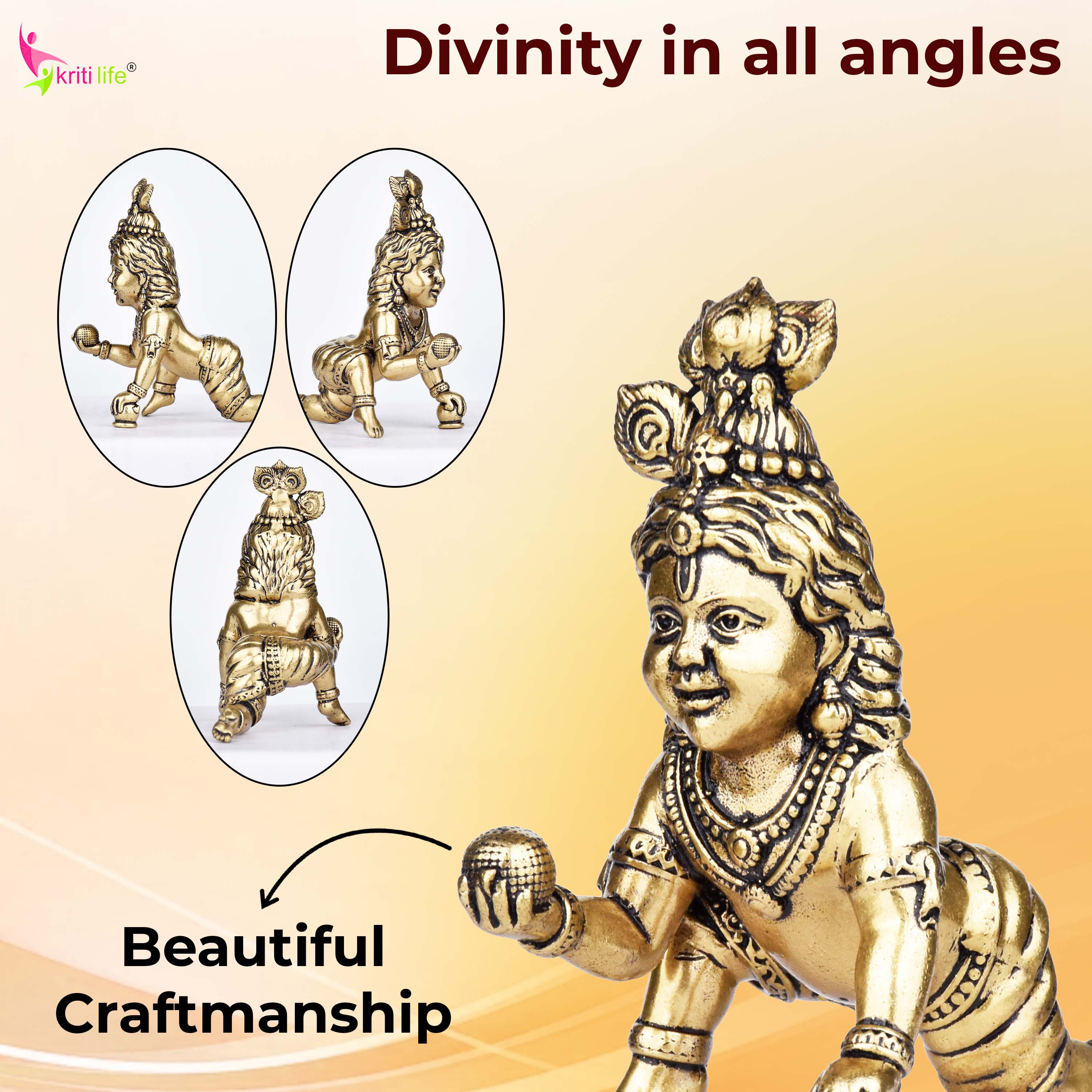 Brass Laddu Gopal Idol | Bal Gopal (Baby Krishna) | 3 inches | Crawling Murti for Pooja & Home Décor