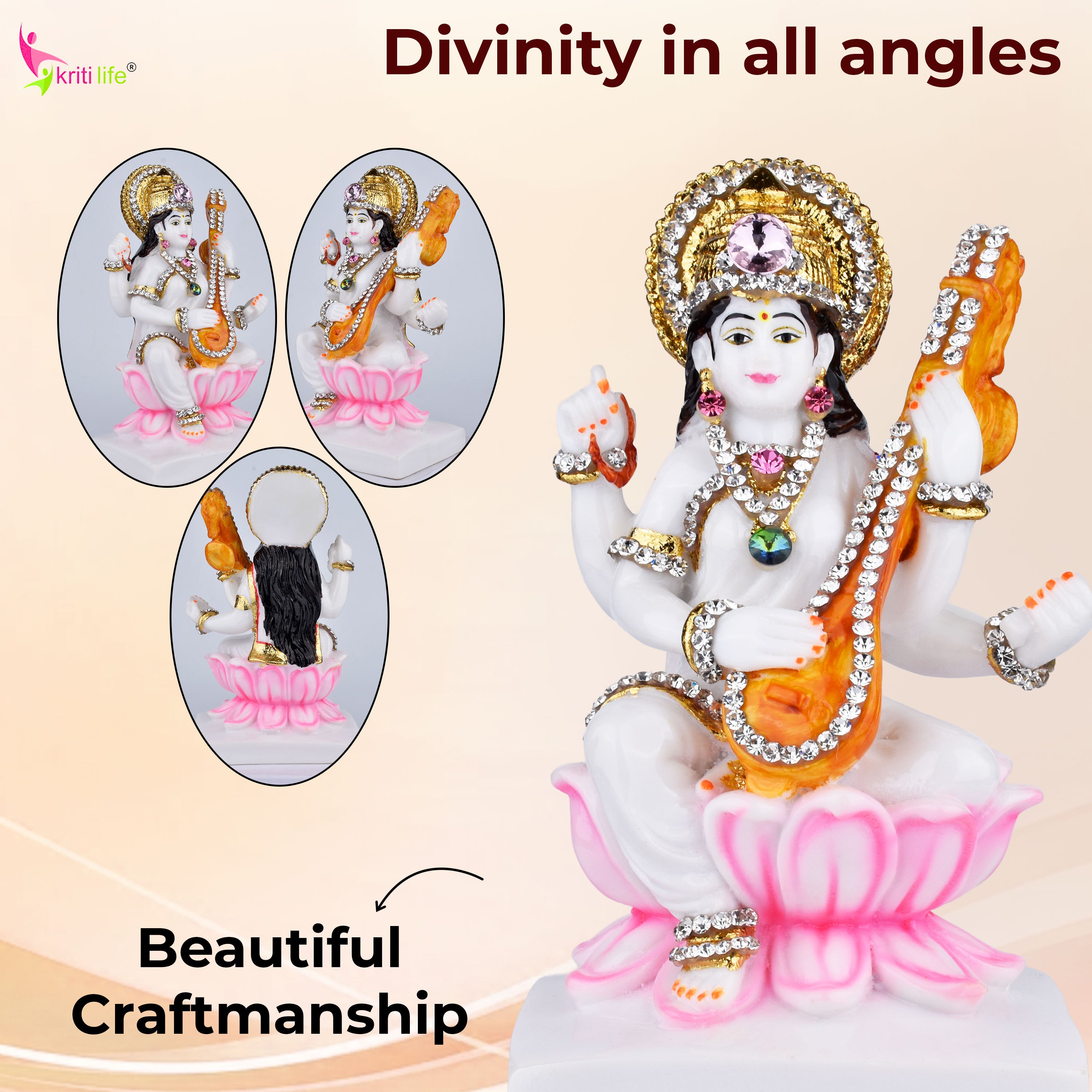 Goddess Saraswati Idol Sitting on Lotus with Veena – Polyresin  Decorative Murti for Home & Office - 6.5 inches