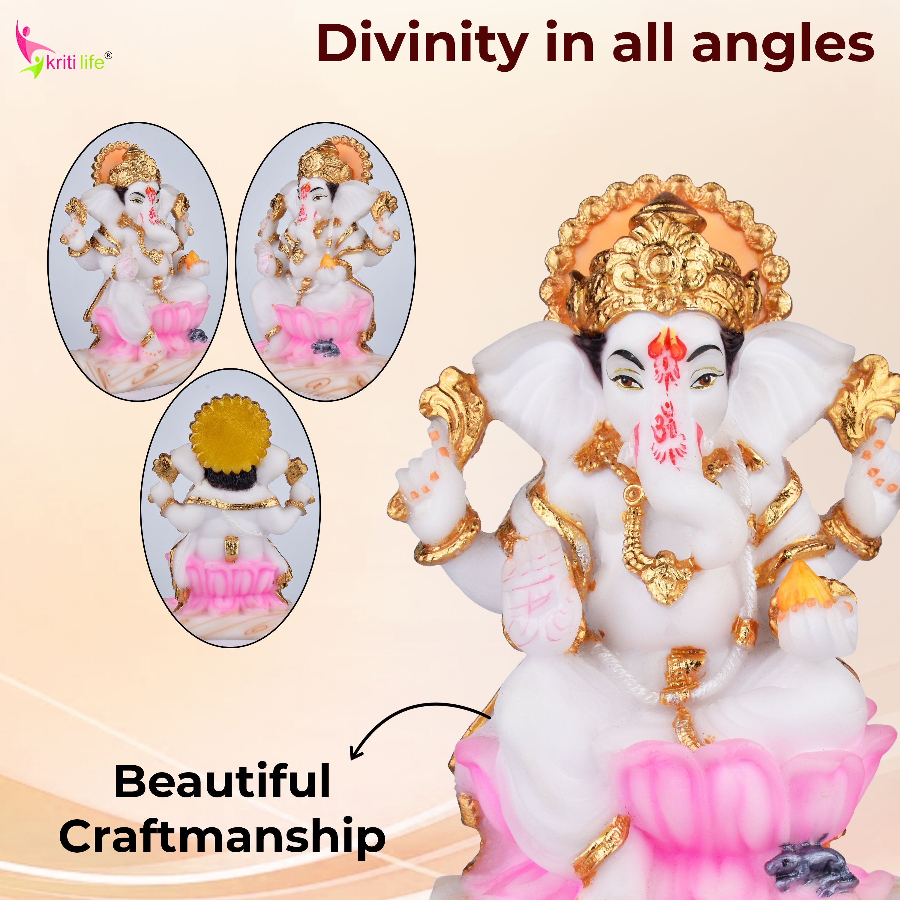 Lord Ganesha Idol in Polyresin | 6.5 inches | Sitting Ganpati Statue on Lotus with Golden Accents