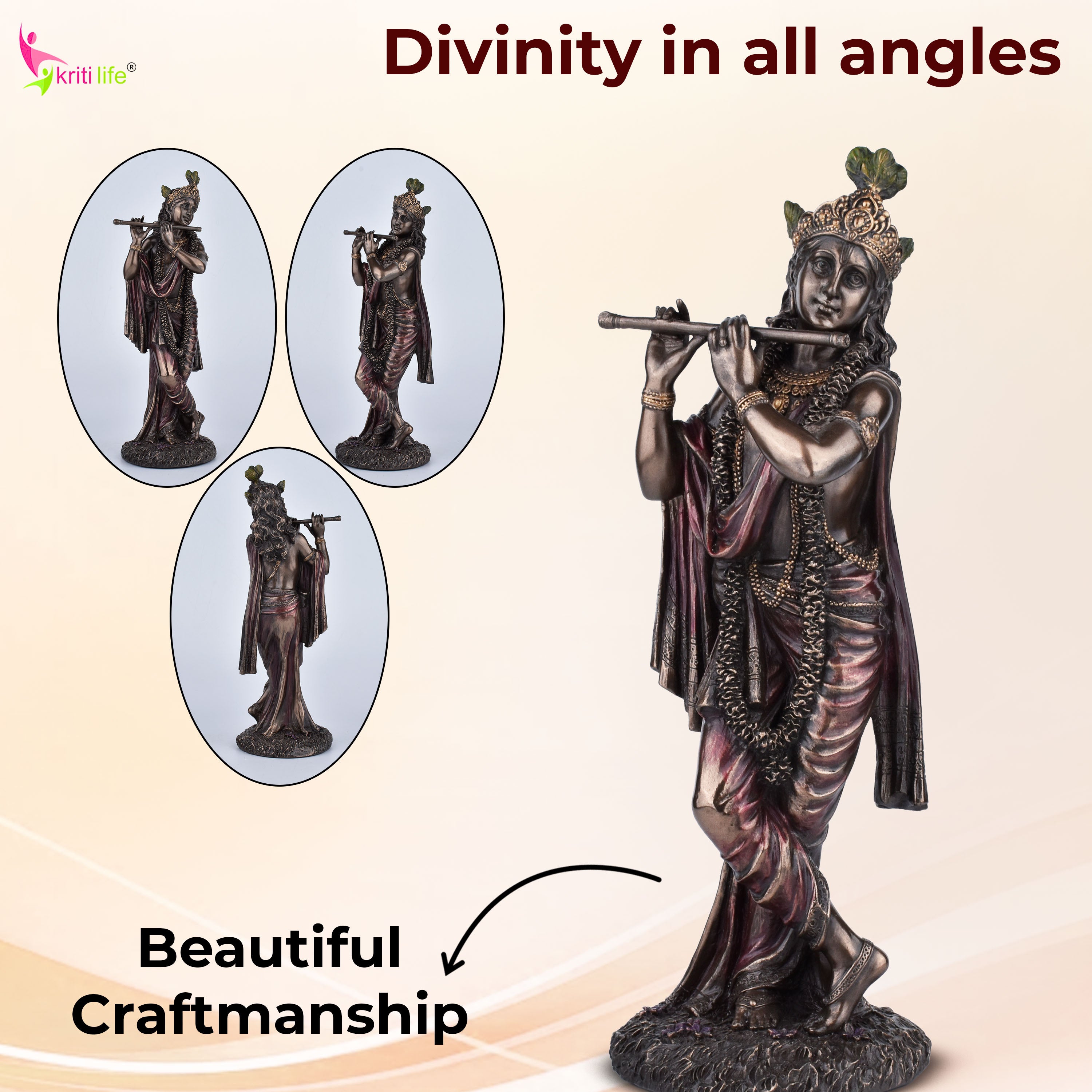 Lord Krishna Flute Idol | 10 inches | – Polystone Statue with Antique Finish for Home Temple & Gift