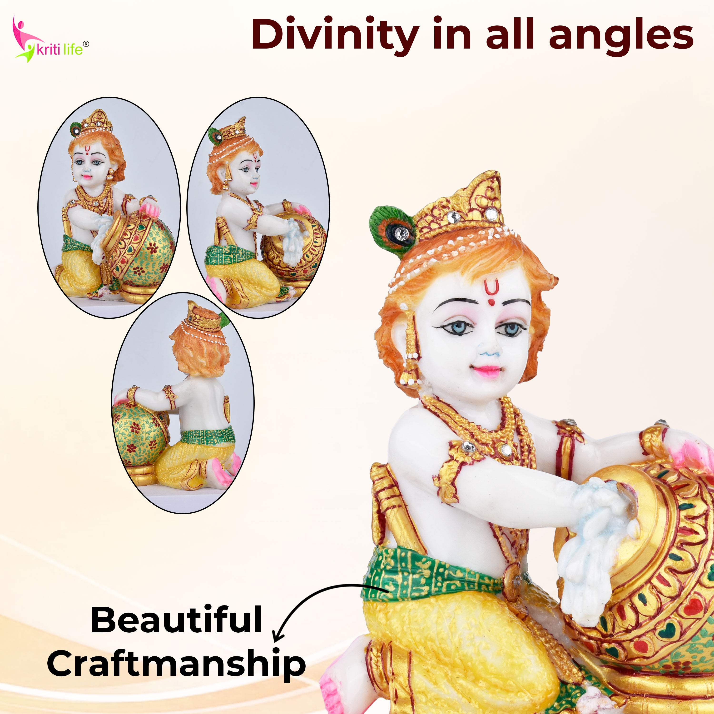 Bal Krishna Idol | 4.5 inches | – Marble Dust Makhan Chor Murti for Home Décor & Pooja