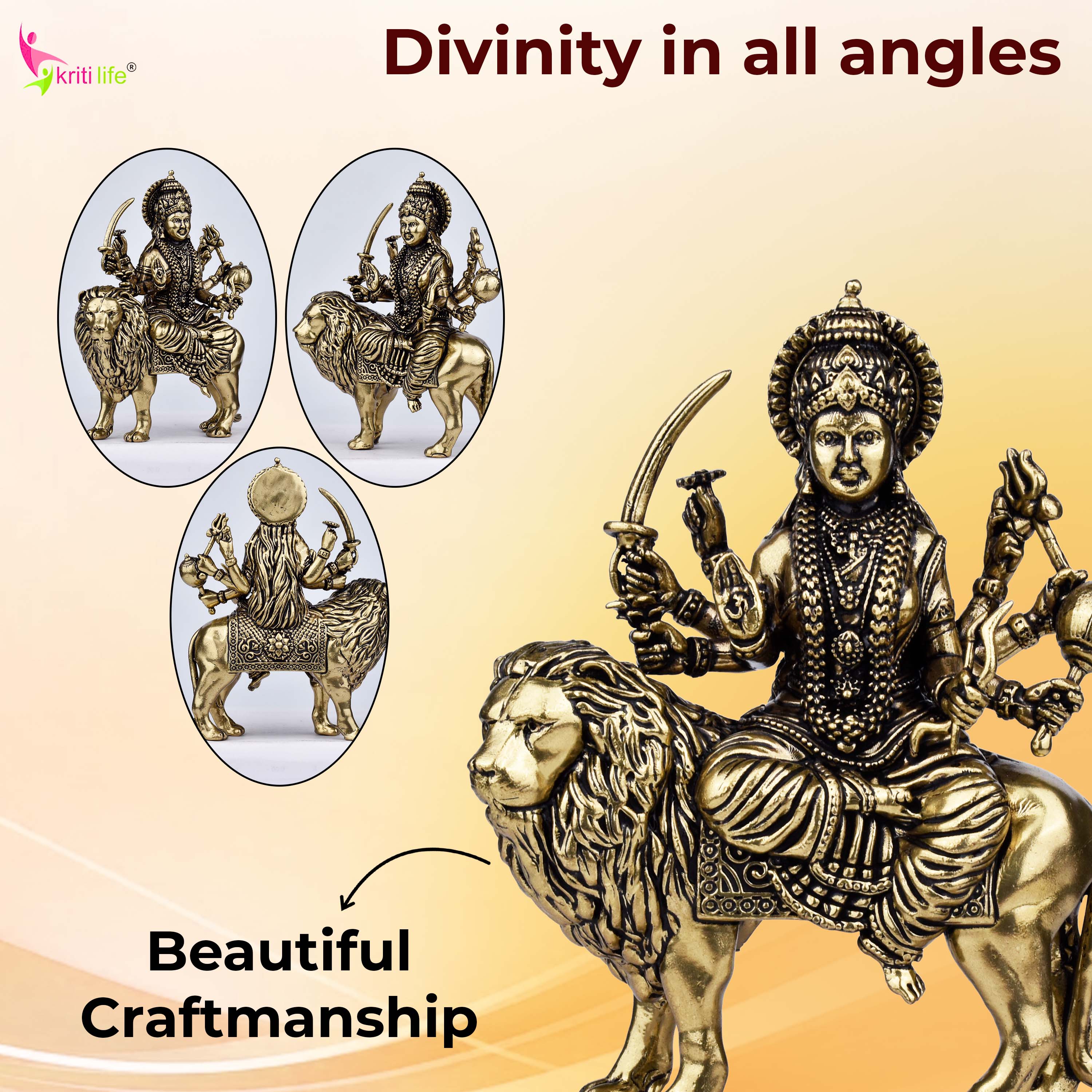Brass Goddess Durga Idol on Lion | 3 inches | Handcrafted Divine Shakti Statue for Home Temple
