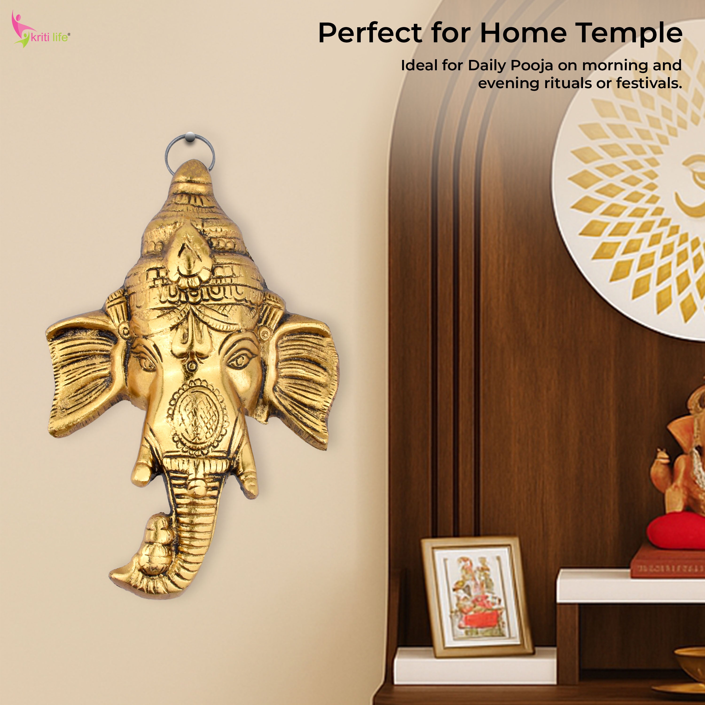 Brass Ganesha Wall Mount | Ethnic Ganpati Face for Home & Office Decor- 7 inches