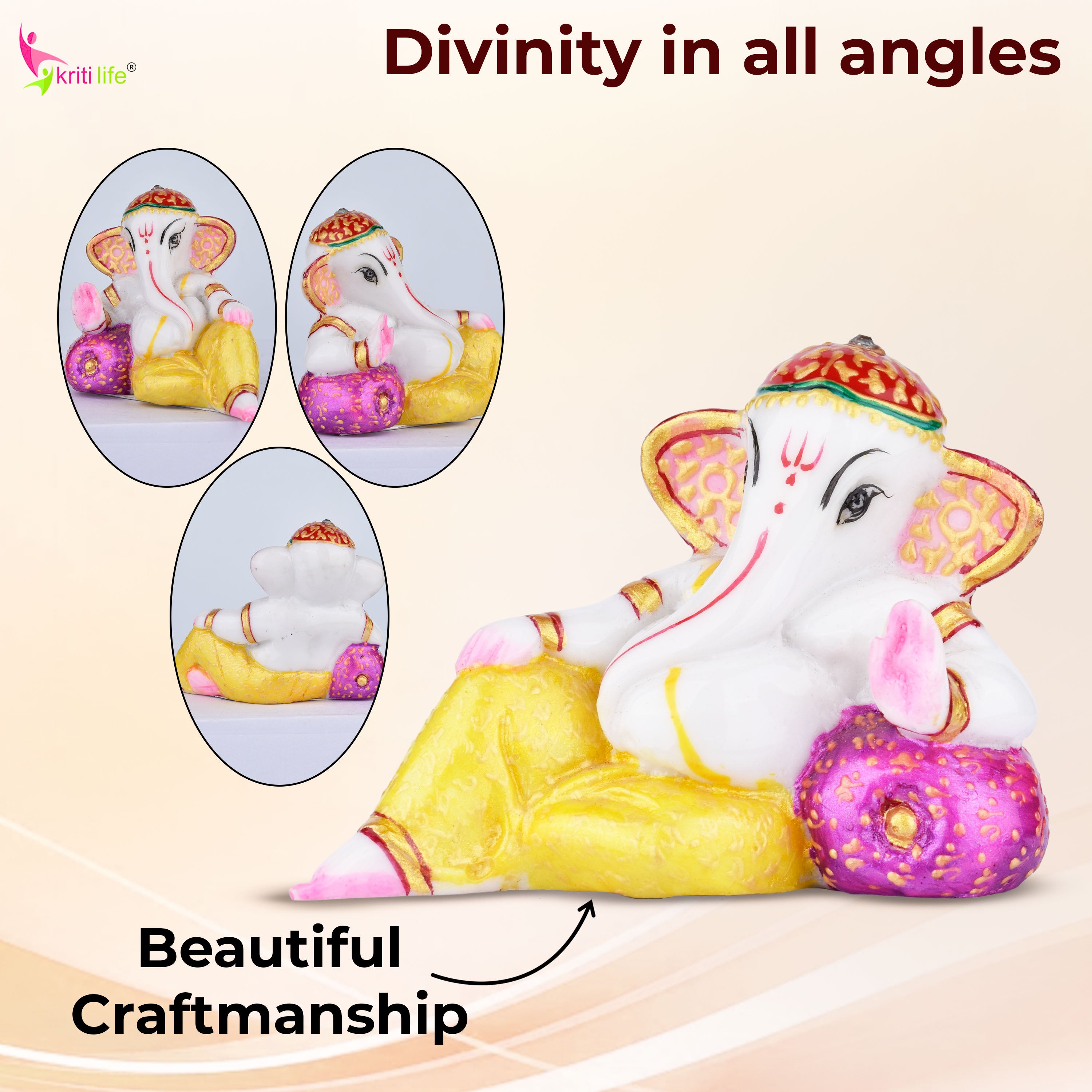 Divine Reclining Ganesha Idol – Premium Marble Dust Ganpati Figurine 3 inches for Pooja & Gifting