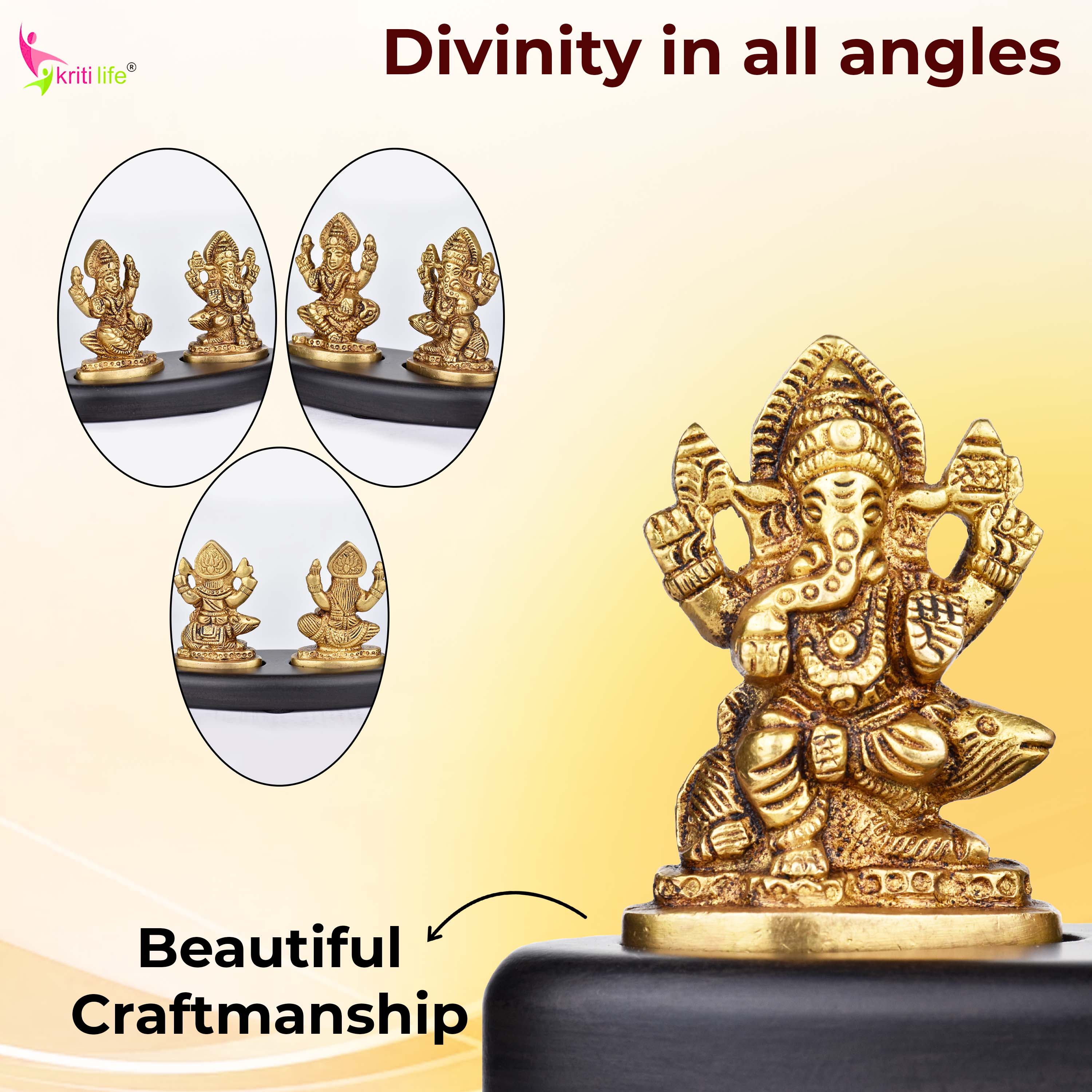 Mini Brass Lakshmi Ganesh Idol Set on Wooden Base | 3 inches | – Antique Finish for Diwali, Pooja & Gifting