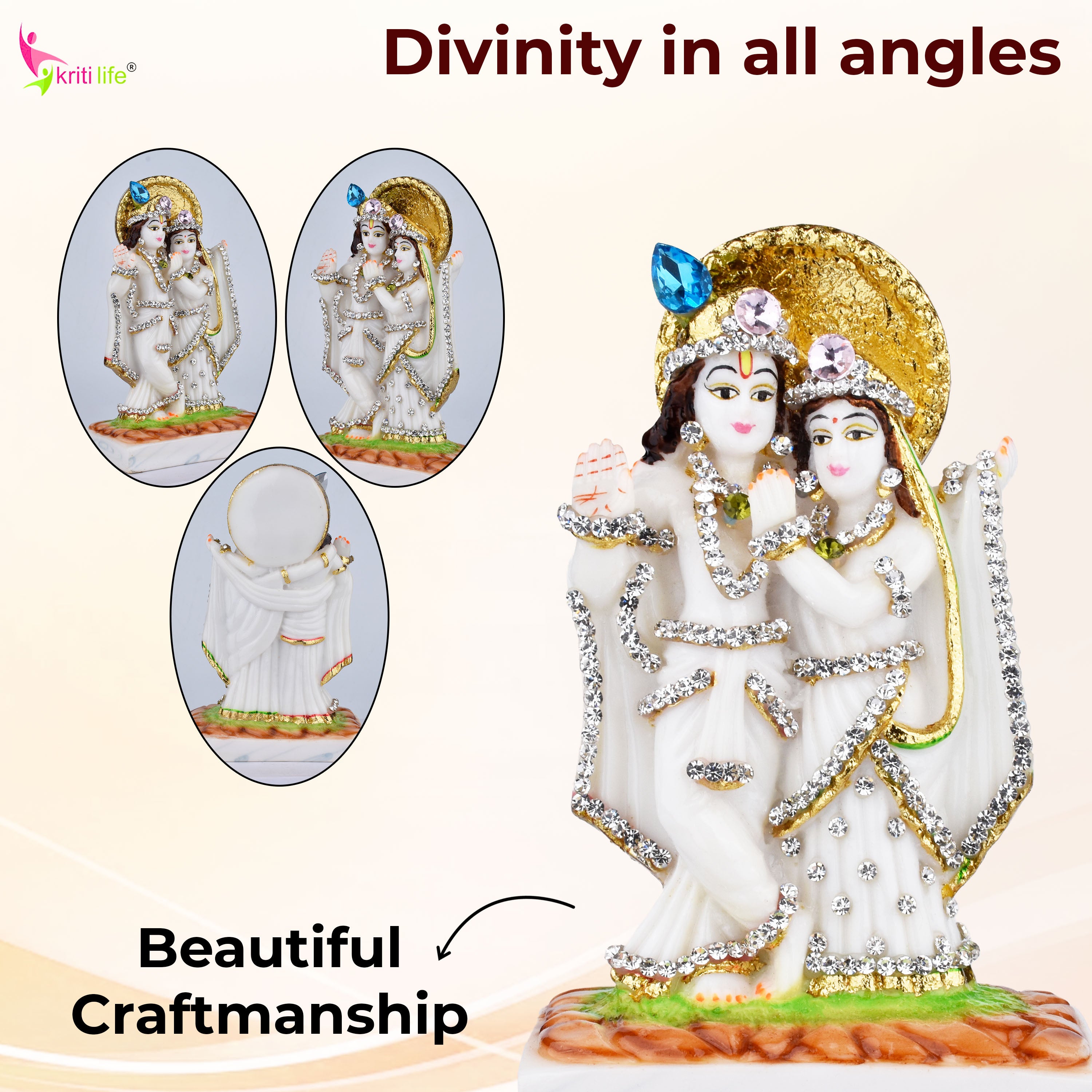Radha Krishna Idol – Polyresin Statue 6 inches with Stone Work for Home Décor & Mandir