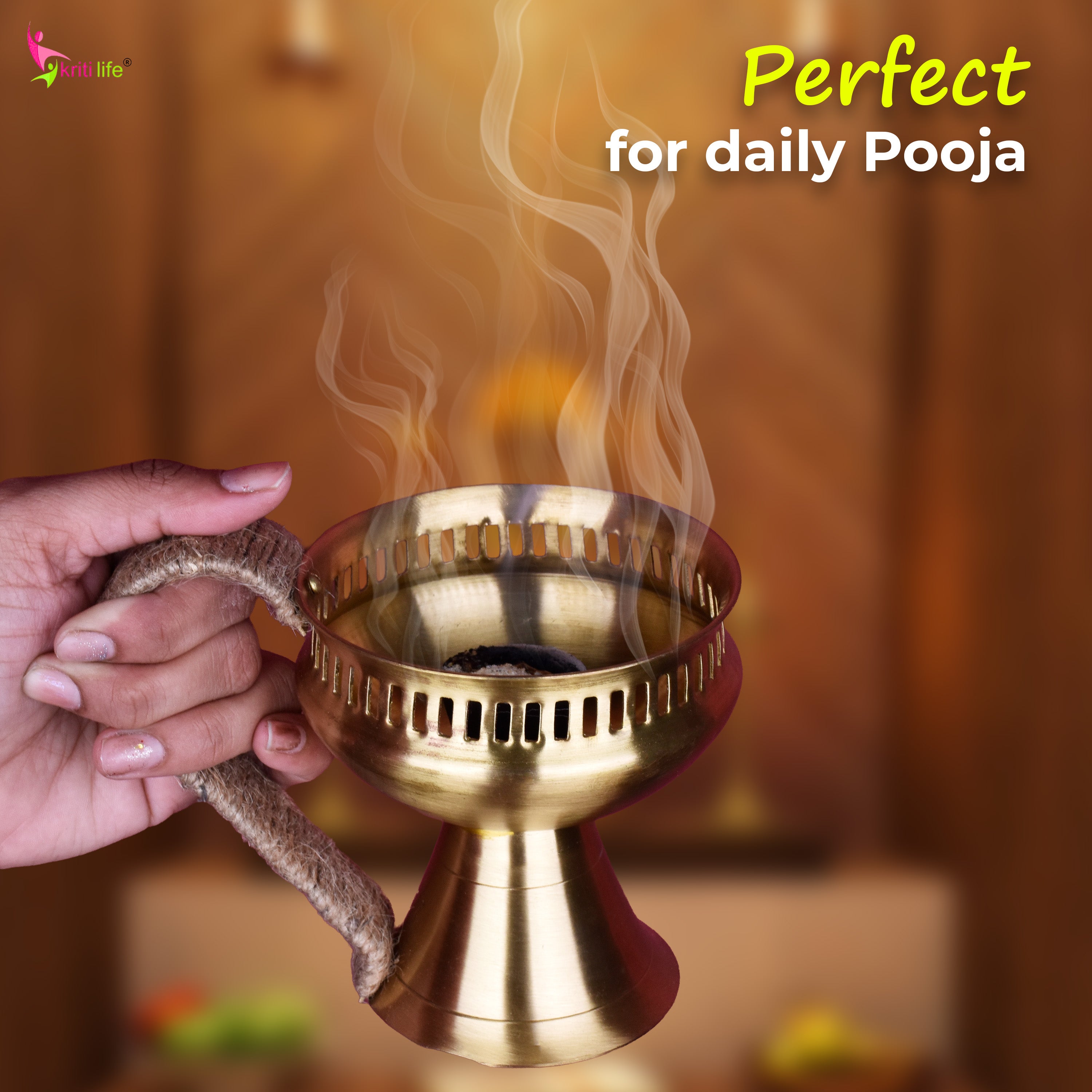 Brass Dhupiya with Jute Handle | Handcrafted Dhoop Burner for Pooja & Havan- 6 inches